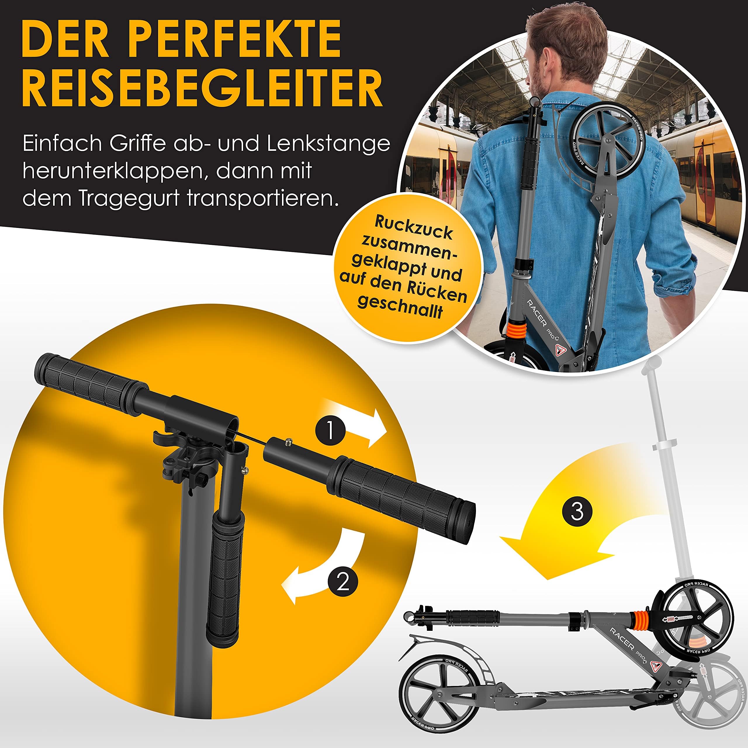 KESSER® Monopattino Cityroller Scooter Ruote da 205 mm PU Big Wheel - PRO-S con Doppia Sospensione, Scooter da Città Pieghevole e Regolabile in Altezza, Monopattino per Adulti e Bambini