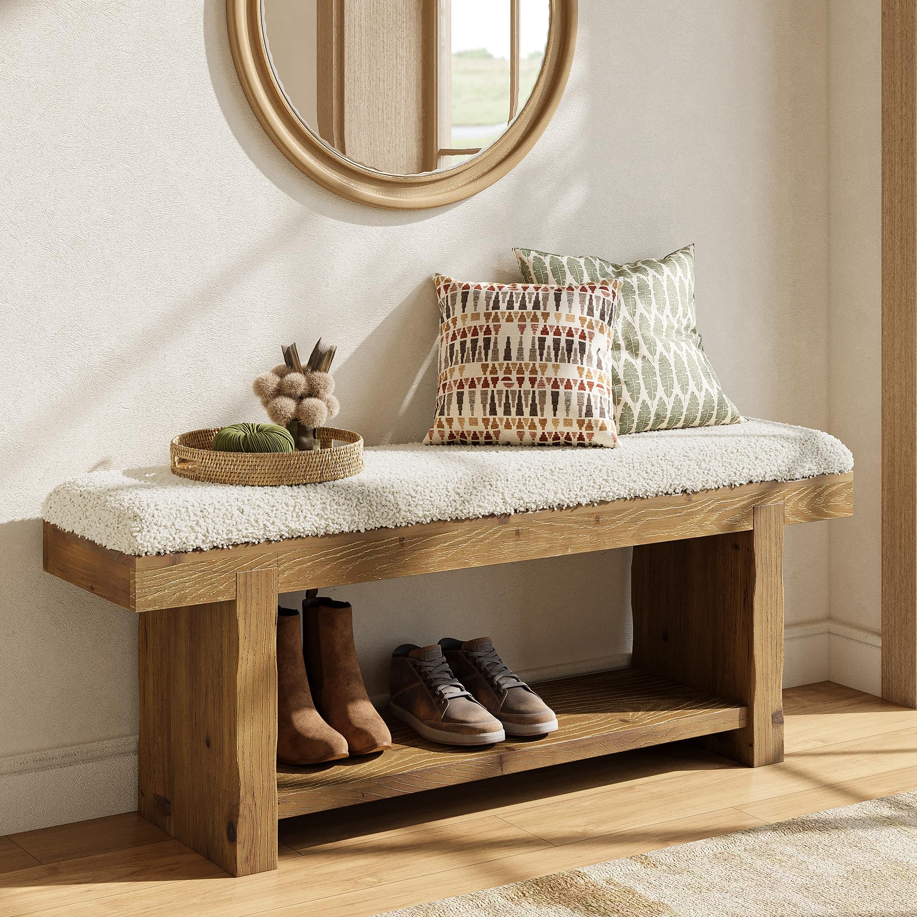 TRIBEWOOD 47.2-Inch Solid Wood Entryway Bench, 2-Tier Farmhouse Upholstered Bedroom Bench with Storage Shelf, Narrow Bench for Bedroom, Entryway, Mudroomn
