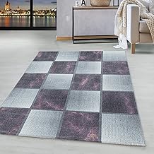 HomebyHome Carpet Living Room 140 x 200 cm Purple Checked Marble Design - Bedroom Rug Short Pile Extra Soft Easy Care Rugs Washable for Kitchen Dining Room - Carpet Living Room Halı