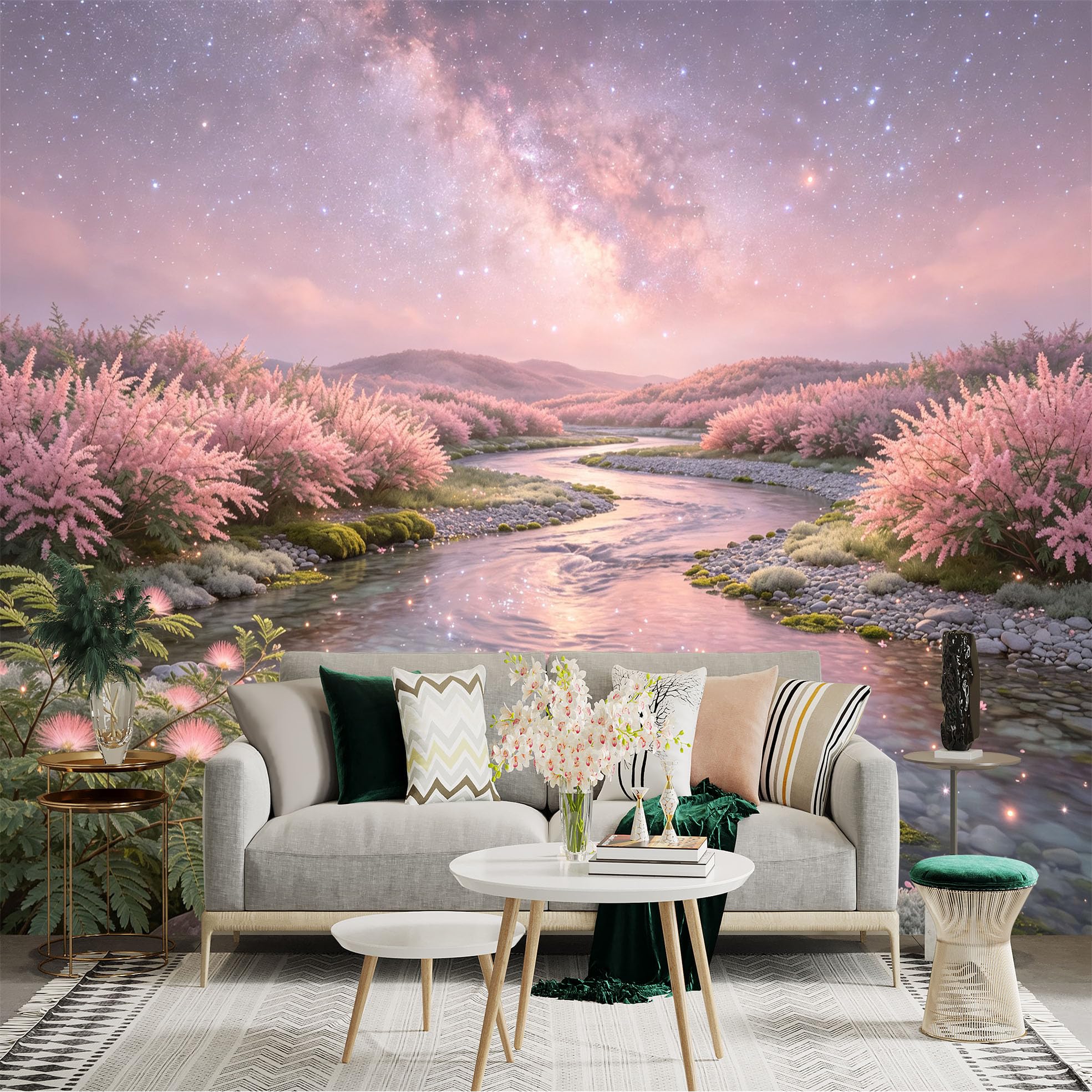 Lnzczhyre Bh260719001 Custom Size Wall Sticker Mural， Pink Floral Riverbank， Ethereal Milky Way Sky， Serene Nature Landscape， For Wall Decoration， Peelandstick Wall Decals.