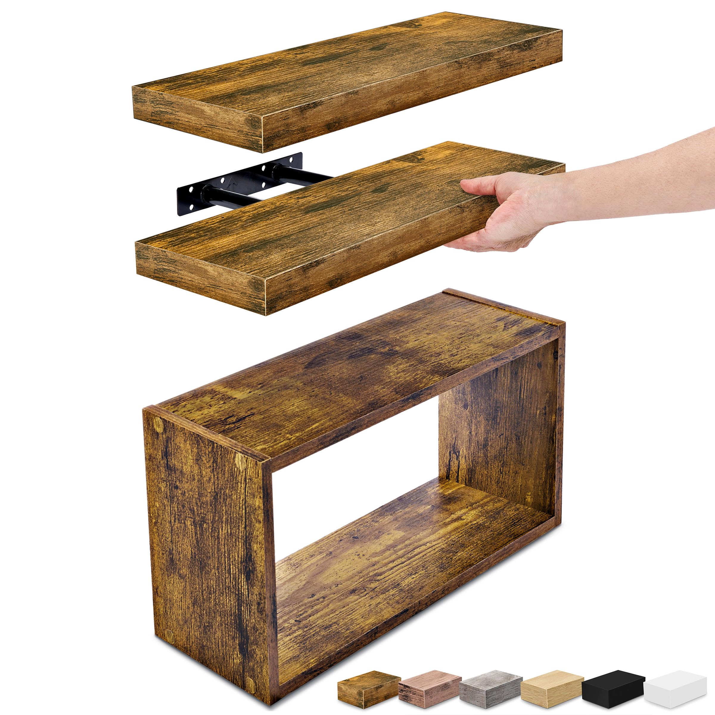 Sorbus Floating Shelves for Wall Set of 3 - Bathroom Shelves for Wall Storage, Over Toilet, Bedroom, Farmhouse, Decor - 2 Floating Shelves with Invisible Brackets & 1 Rectangular Box, Walnut — image 1