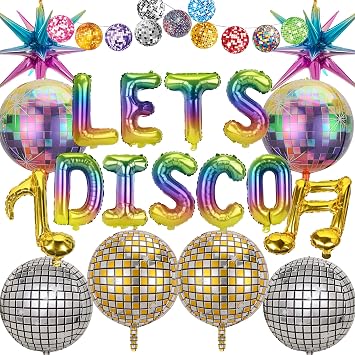 Disco Party Decorations Dancing Queen - 20 Pcs Neon Music Decoration Including Musical Balloons Shining Disco Ball Exploding Star Balloons for 70s 80s Boogie Retro Mamma Mia Party Decorations
