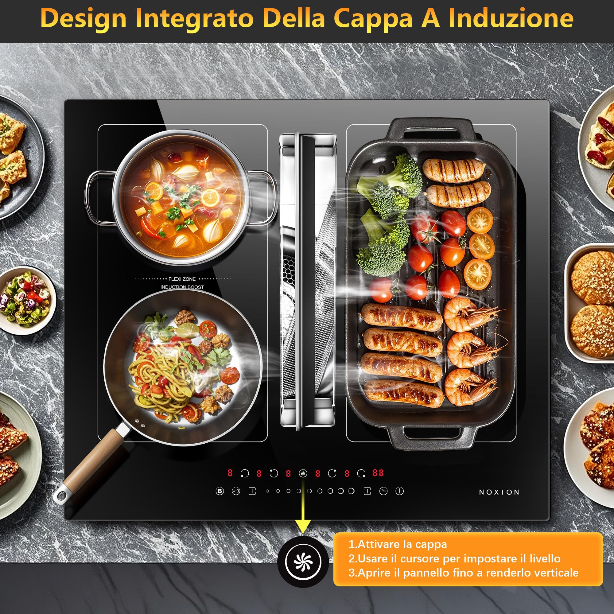 NOXTON Piano Cottura a Induzione 4 Fuochi, 7200W Piano Cottura Elettrico Domino Incasso, 60cm Piastre Induzione con 145W cappa aspirante, Flessible Zone di Controllo Scorrimento, Boost, 220V-240V