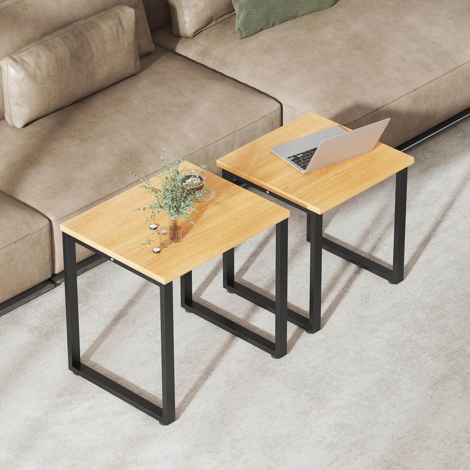 HOMCOM Couchtisch Satztisch mit Metallrahmen für Wohnzimmer Natur