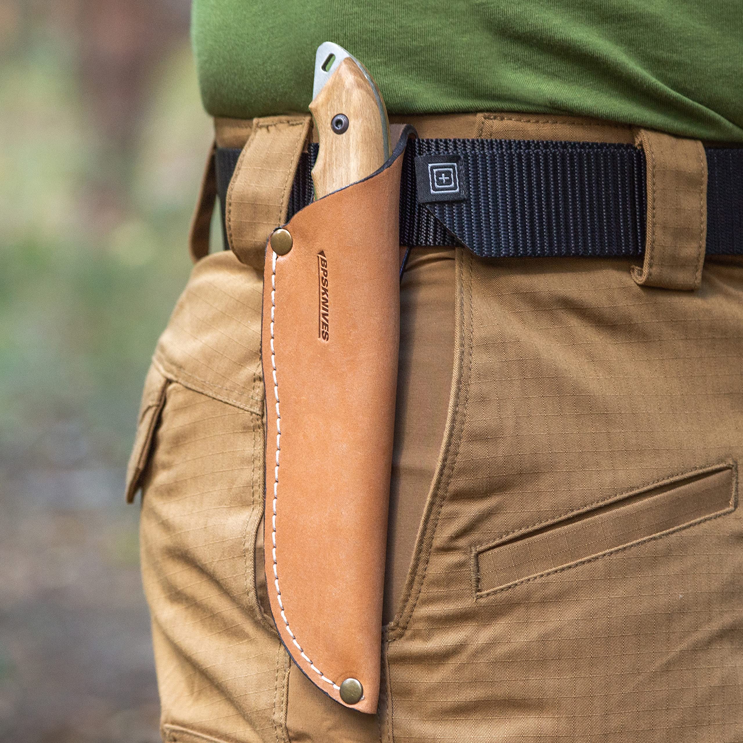 BPSKNIVES HK4 CSH - Couteau en acier au carbone à lame fixe - Couteau de à soie pleine avec étui en cuir - Couteaux de camp fait main avec manche en bois