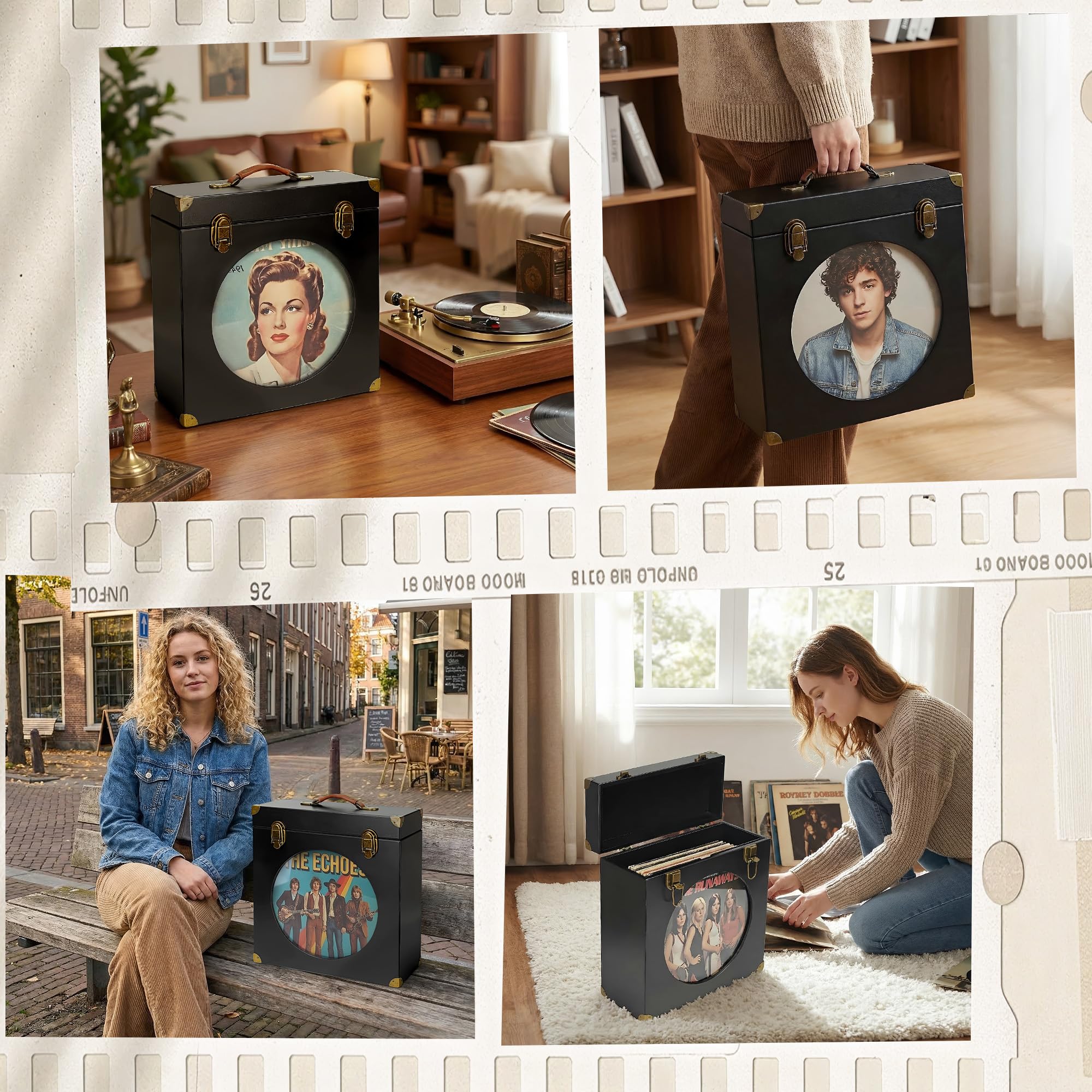 Contenitore per dischi in vinile in legno massello con vetrina, contiene 30 LP, parte anteriore in acrilico, manico in pelle e serratura in metallo, per dischi da 12/10/7 pollici (nero)