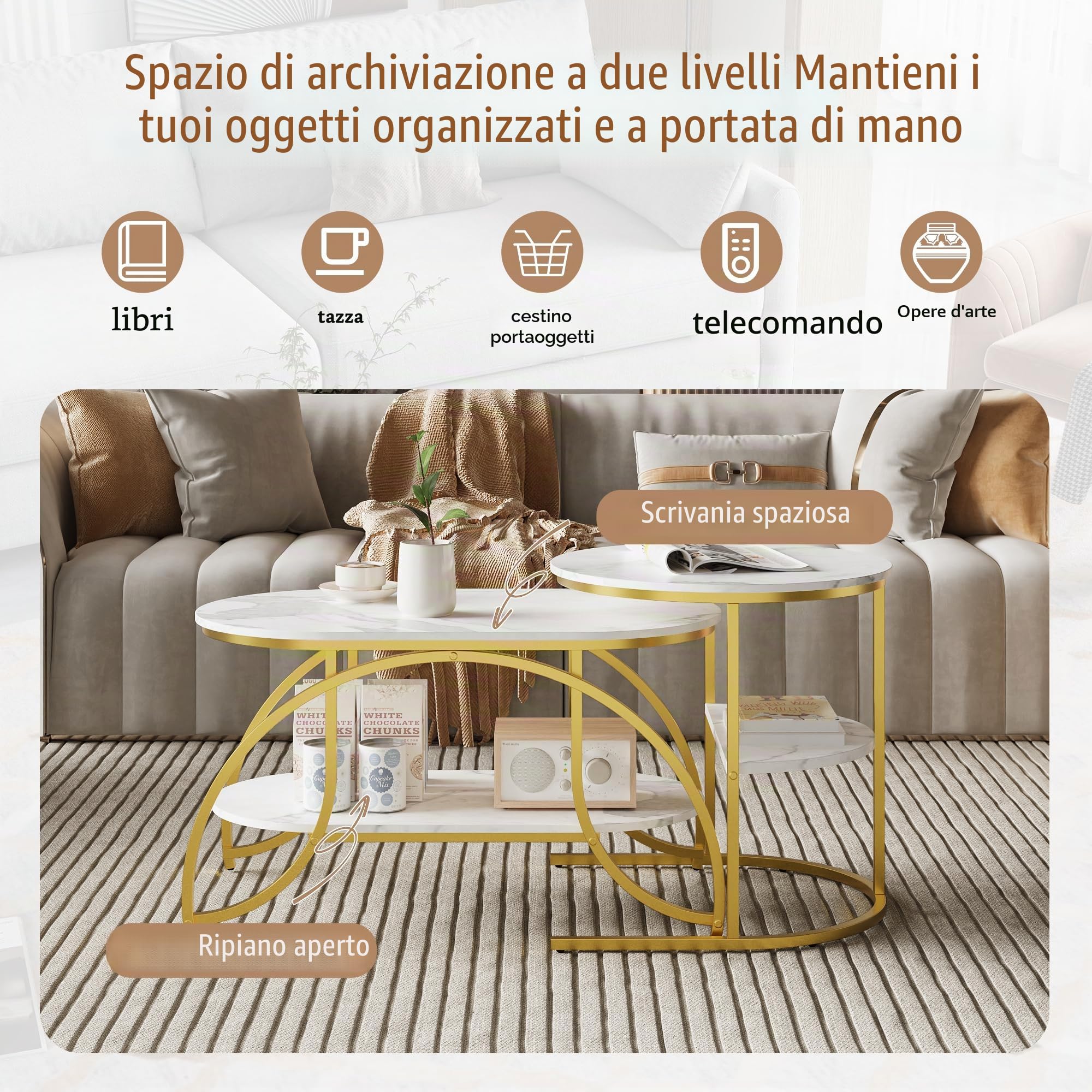 Set di 2 Tavolini da Caffè, Tavolini Sovrapponibili da Salotto Tavolini Rotondi da Caffè Tavolini da Salotto Effetto Marmo Bianco Tavolo Soggiorno Moderno Telaio in Metallo Gambe D'oro (Stile D)