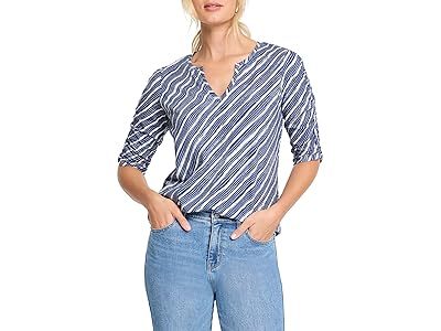 NIC+ZOE Petite Mixed Stripe Ruched Sleeve T-Shirts Women