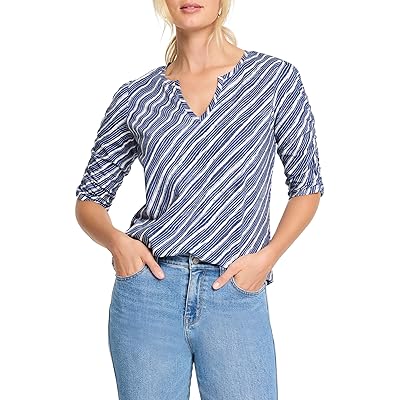 NIC+ZOE Petite Mixed Stripe Ruched Sleeve T Shirts Women