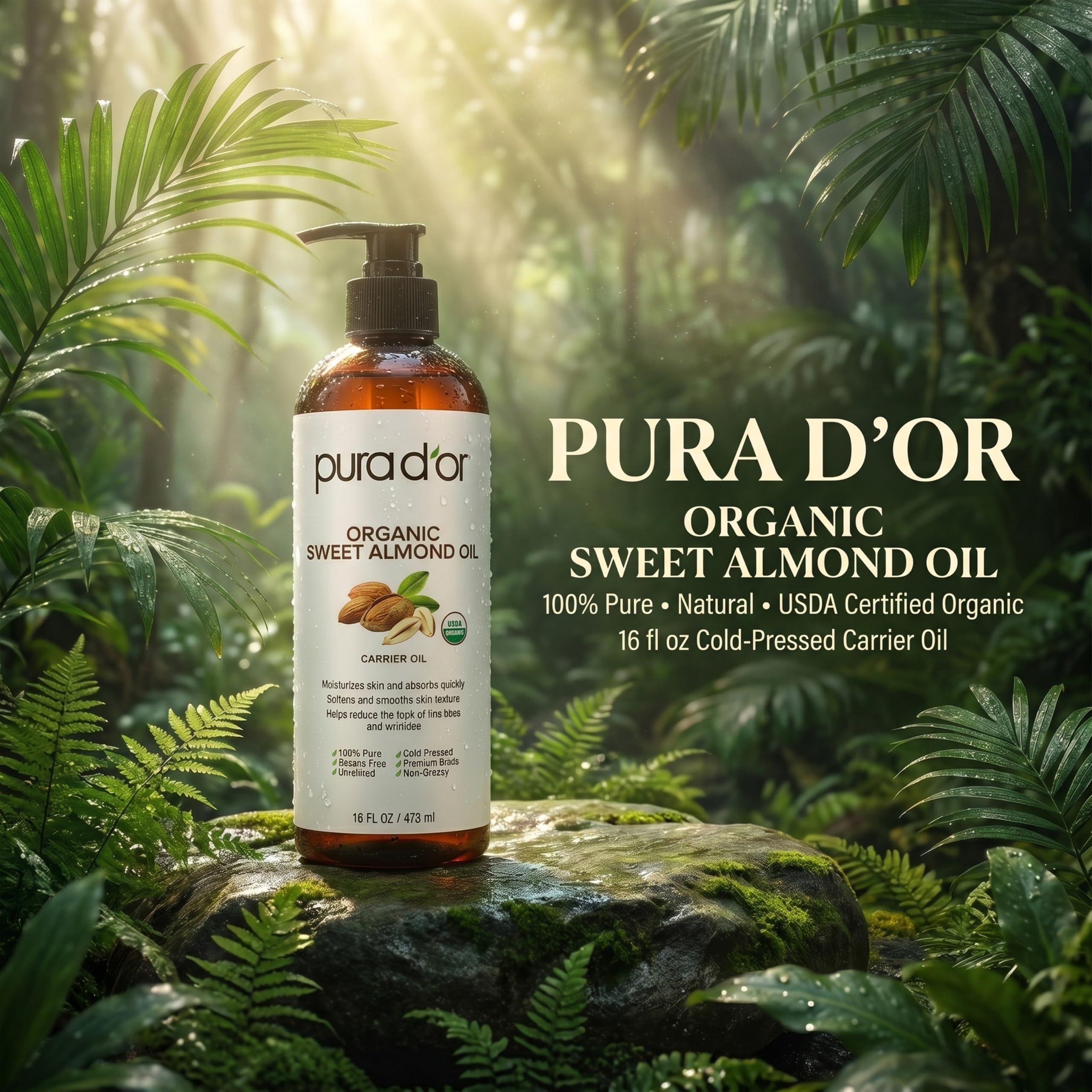 Pura D'Or Olio vettore: olio di mandorle dolci bio (473 mL) Olio organico certificato 100% puro e naturale certificato USDA per pelle e viso
