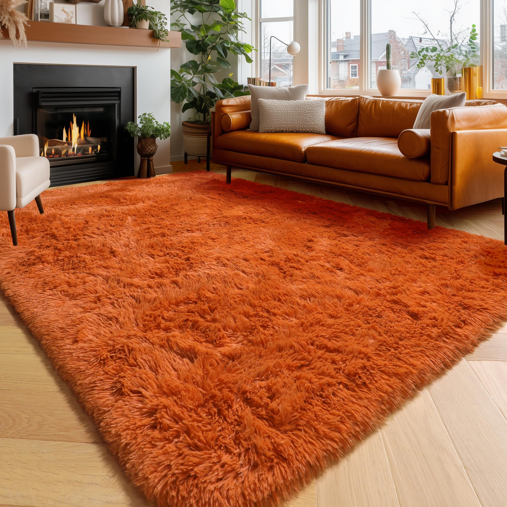 Amdrebio Burnt Orange Area Rugs for Living Room Bedroom, Fluffy Shaggy Fuzzy Thick Shag Rug 5x7 for Kids Room Decor, Modern Cute Plush Furry Dark Orange Carpet for Nursery Dorm Classroom Playroom — image 1