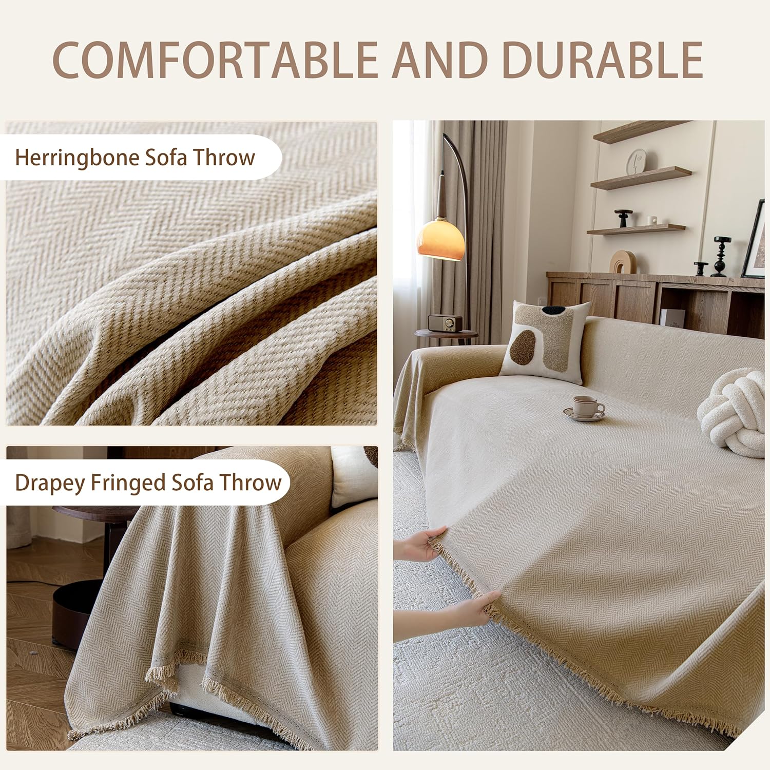 Couch Covers for Dogs 3 Cushion, Loveseat Slipcovers Washable, Pet L Shape Sectional Protector, Boho Sofa Blanket Cover, Herringbone Chenille, Light Khaki, 71"x118"