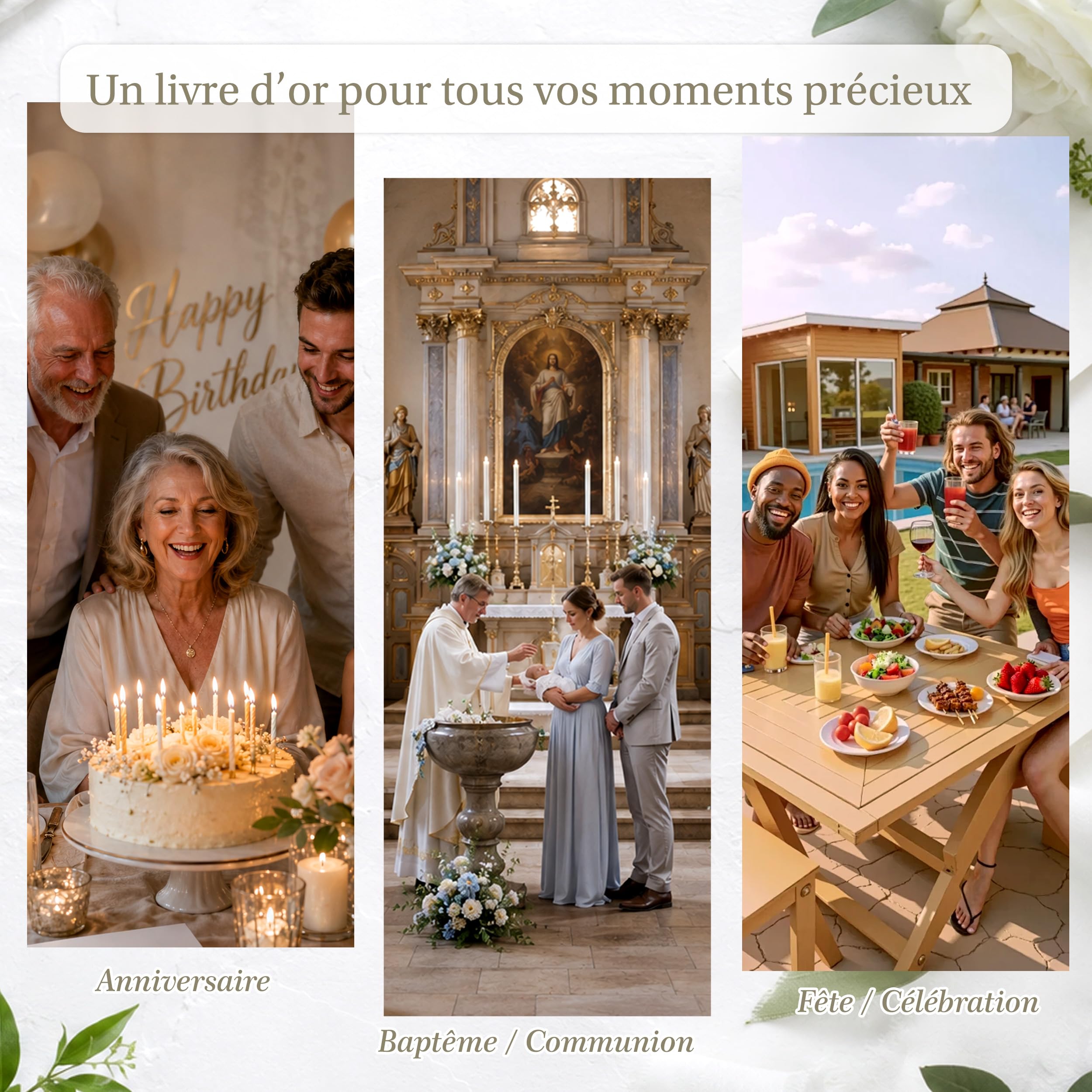 Livre d’or élégant couverture lin dorure 84 pages vierges mariage anniversaire baptême