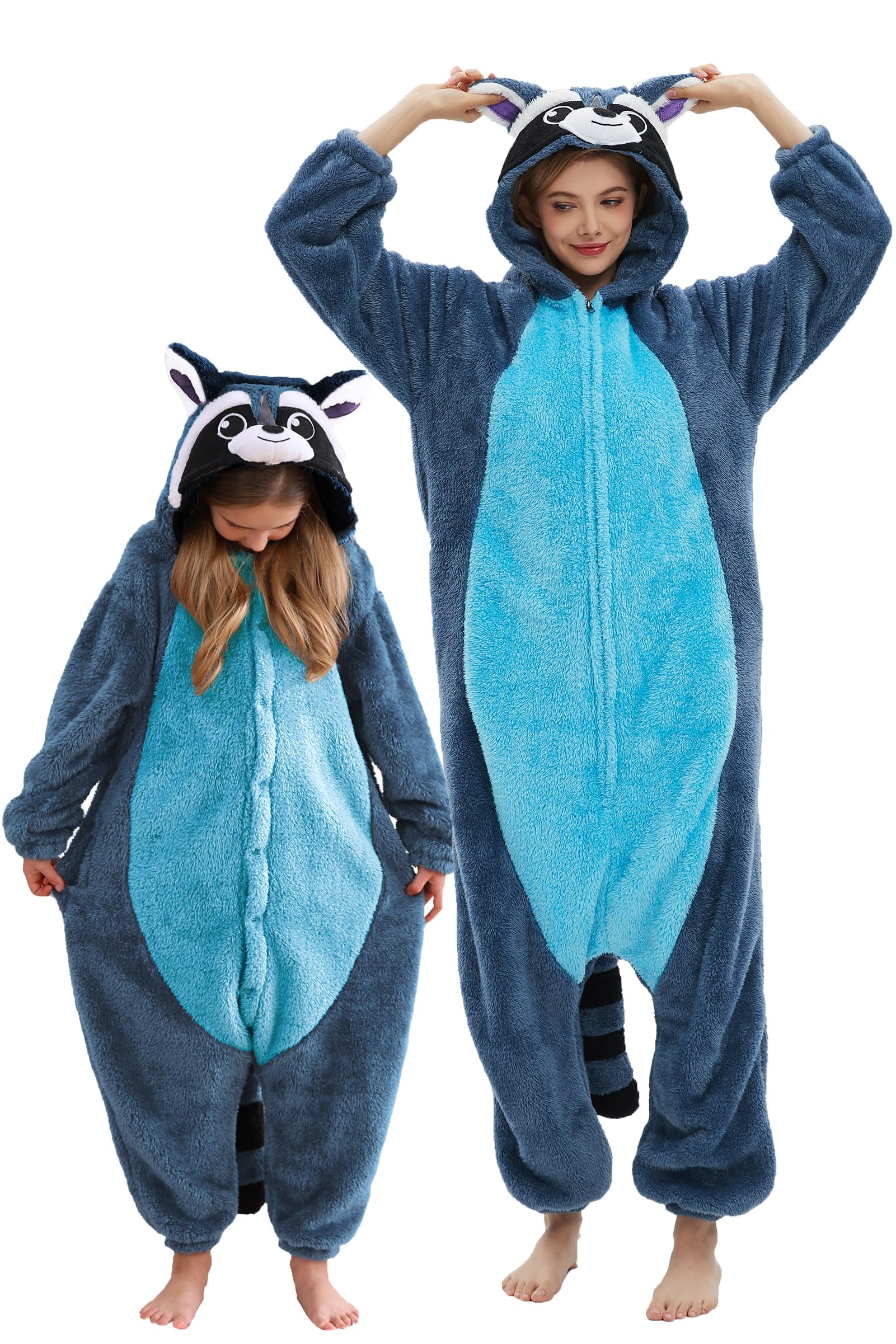 DarkCom Animal Onesie for Kids,Flannel Cosplay Blue Raccoon Halloween Costume Parent-Child Sleepwear for Girls Boys 6-7 Years