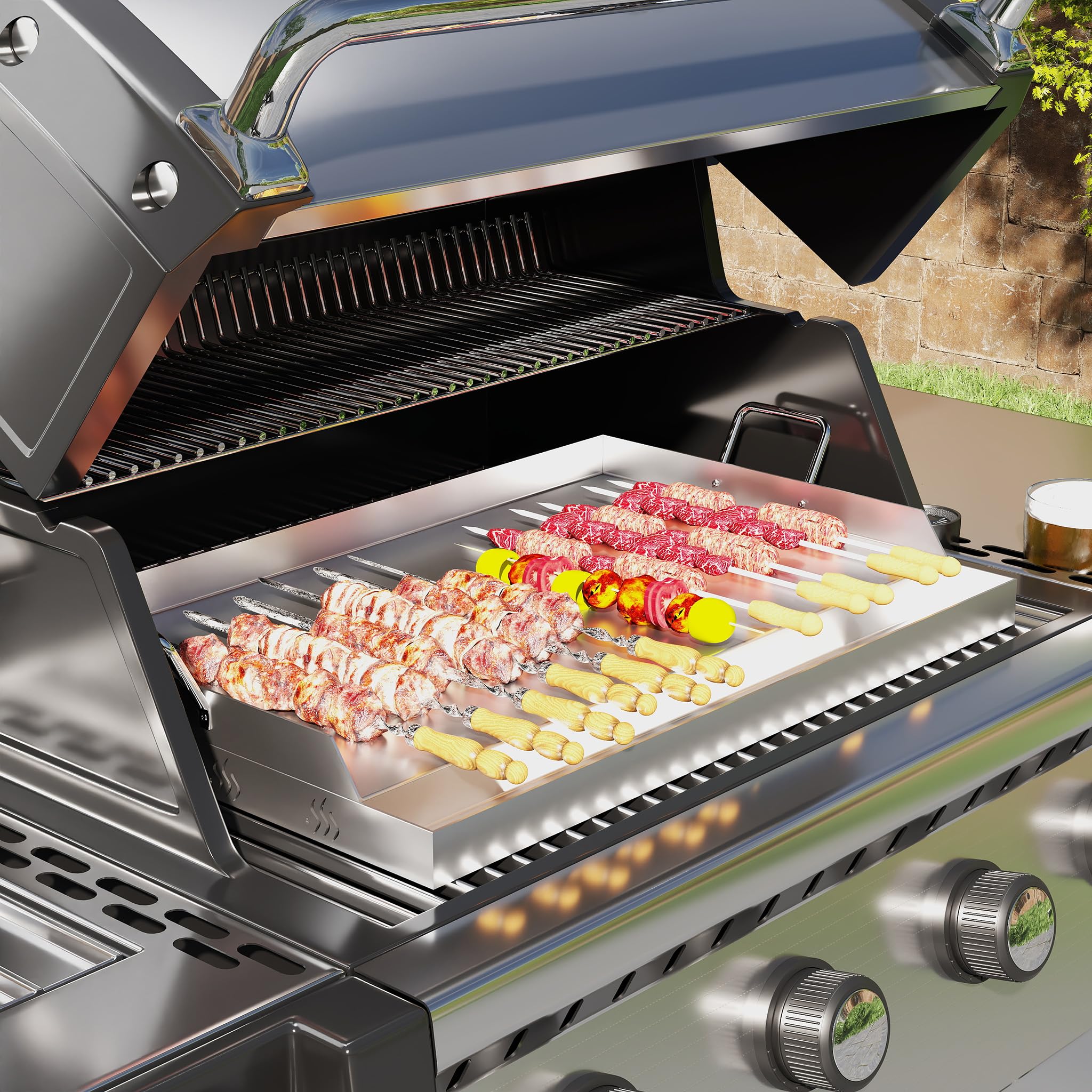 Froadp Edelstahl Grillplatte | 47x32x7cm Universal BBQ Plancha mit Ölrinne | BBQ Plancha für Gas- & Holzkohlegrill | Grillzubehör inkl. Spachtel & Griffen