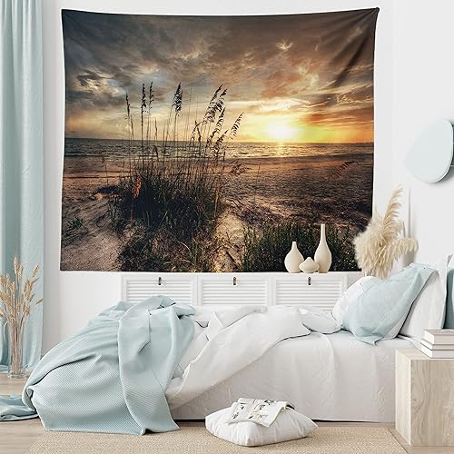 Miniatura 6 de Ambesonne Tapiz de playa, escena costera tranquila con horizonte en medio de la nada nublado puesta de sol imagen del océano, colgante de pared