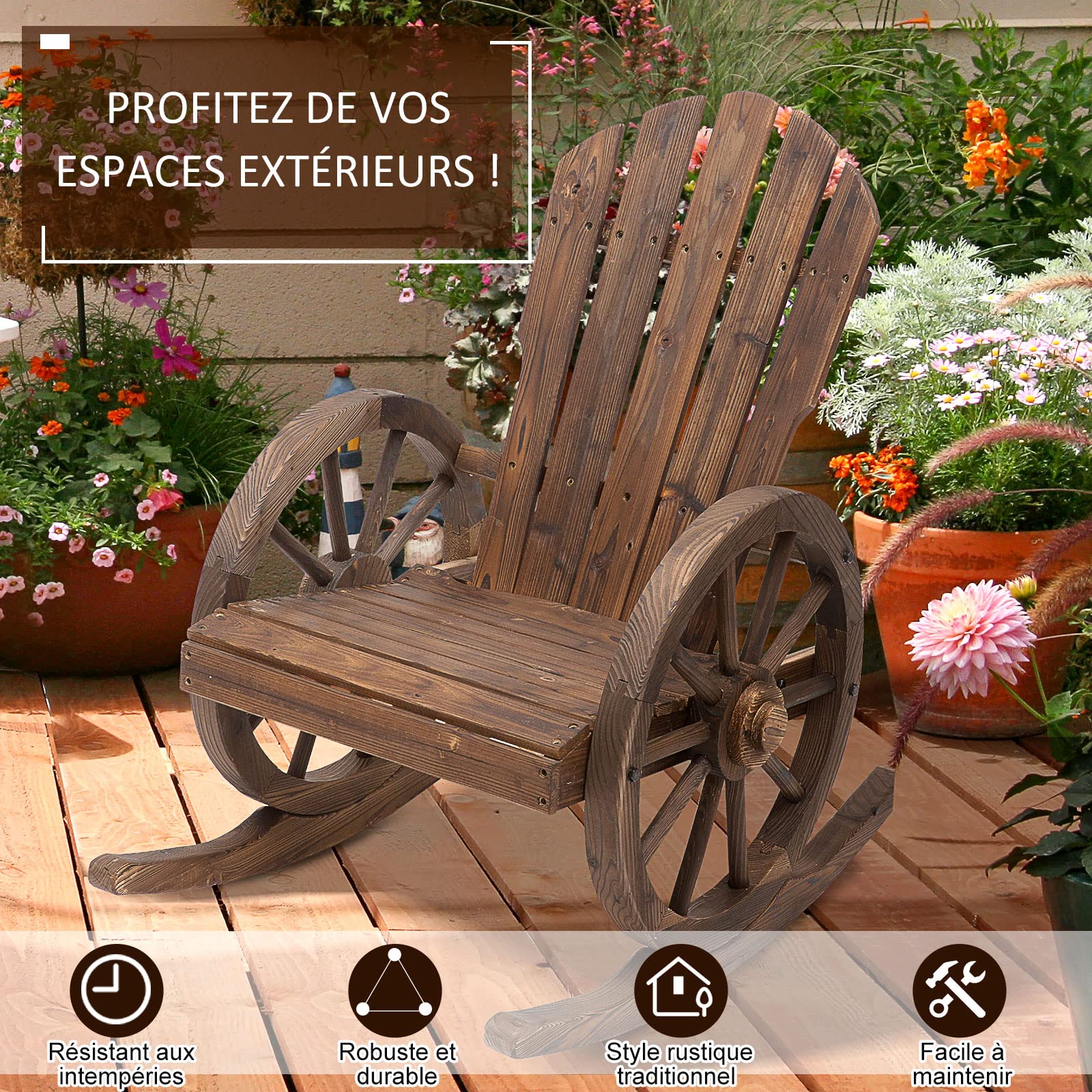 Outsunny Fauteuil de Jardin Adirondack à Bascule Rocking Chair Style Rustique Chic accoudoirs Roues Charette Bois Sapin traité carbonisation
