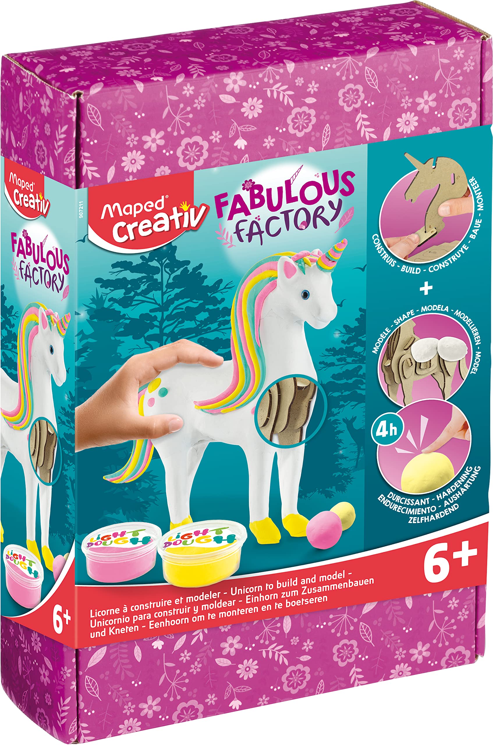 MAPED - Set de Manualidades para Niños - Fabulous Factory Unicornio - A Partir de 6 Años - Ideal para Construir y Moldear - Incluye 1 Esqueleto de Madera, 6 Botes de Pasta Ligera, 3 Ojos y 1 Caja