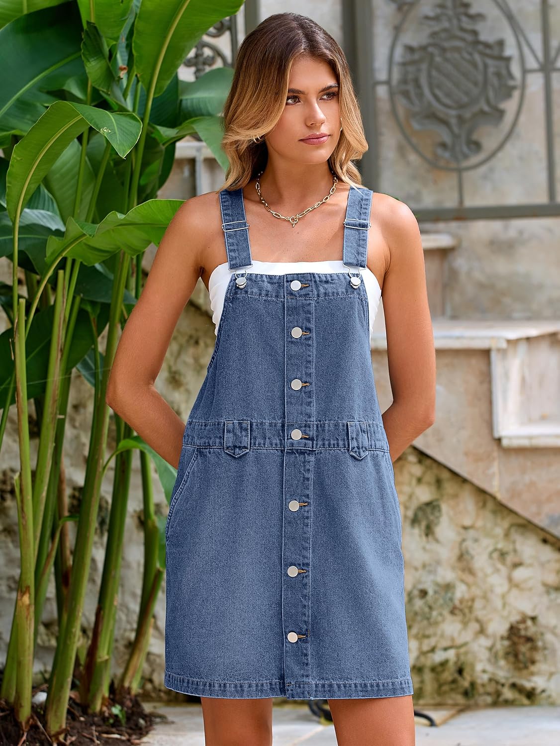 Glamaker Women's Denim Overall Dress Jean Sleeveless 2025 Mini Pinafore Casual Button Dress with Pocket - Image 3