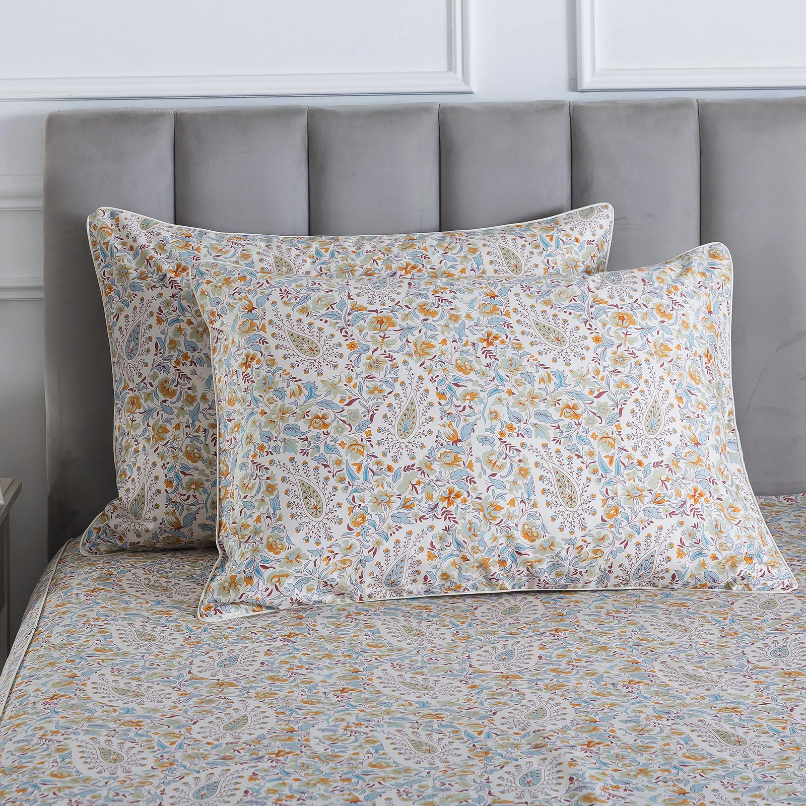 Lenzuola in percalle con motivo cachemire vintage, per letto California King, beige chiaro, shabby chic, floreale, 100% cotone, con tasca profonda, set di biancheria da letto di lusso, motivo