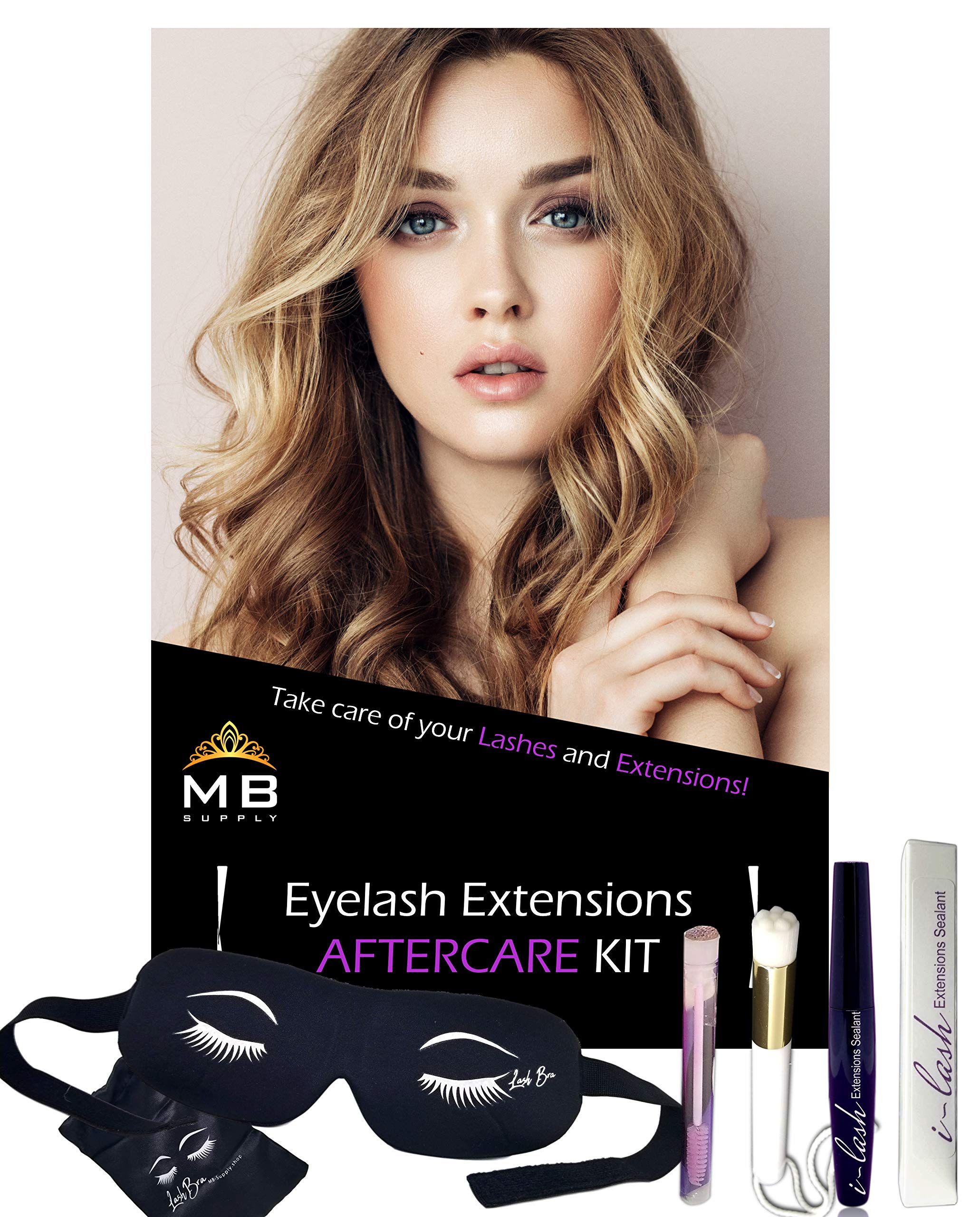 Eyelash Extensions Aftercare Kit With Sealant, Brush, Spoolie and 3D Deep Contour Sleep Mask! Protects Volume Lashes While Sleeping - BLACK Lash Bra