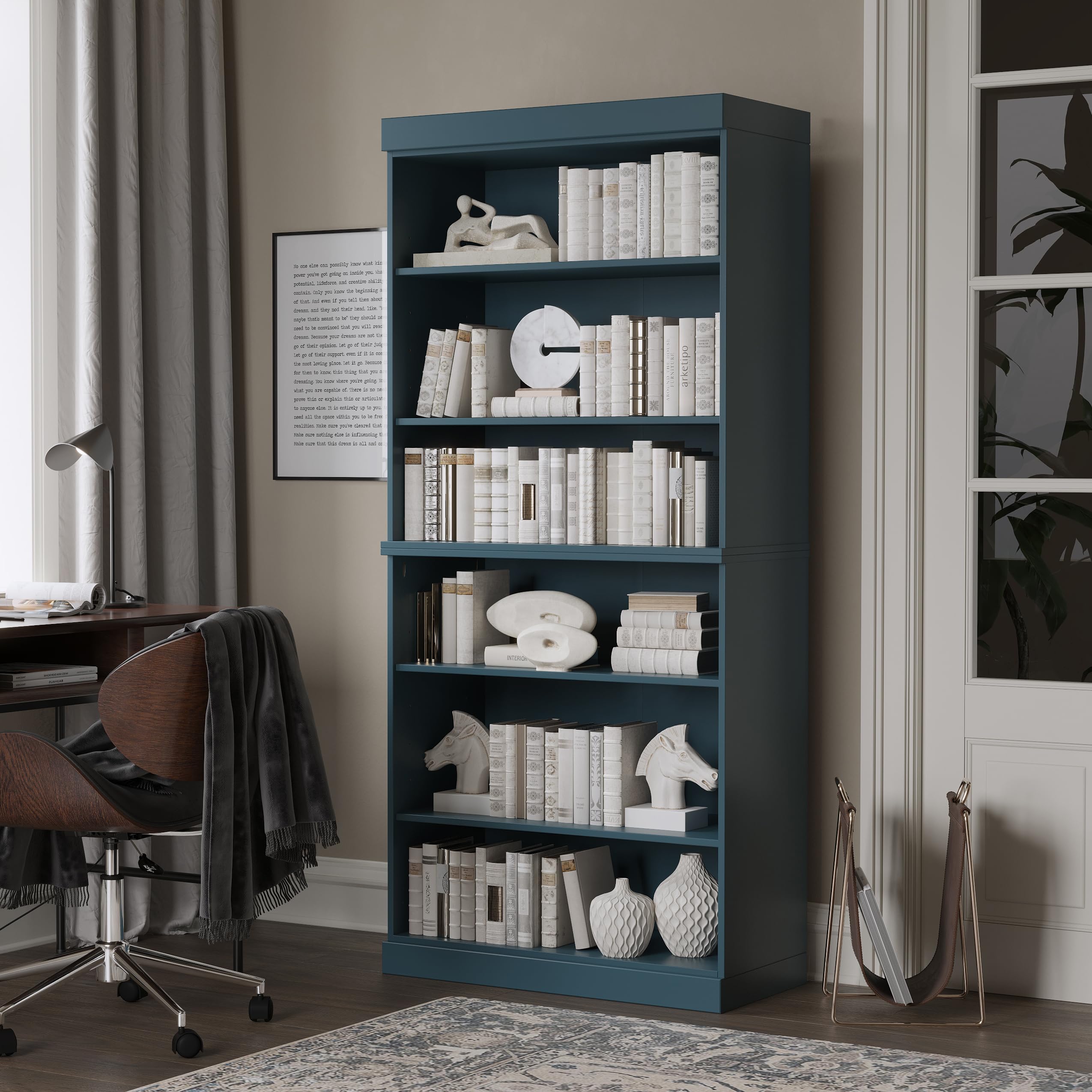 Palace Imports Solid Wood Bookcase - Tall 6-Tier Stackable Modular Bookshelf - 71.5" x 32” W - Teal Blue, Open Display Shelf for Living Room &amp; Office Renewable 100% Eco-Friendly Wood, Made in Brazil