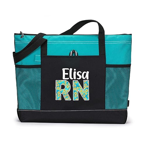 Personalized Nurse RN LPN CNA CMA Tote Bag with Mesh Pockets, Custom Printed Daisy Doodle Letters