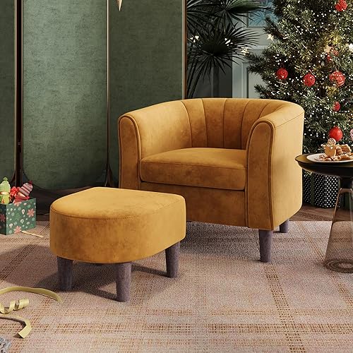LINSY Accent Chair with Ottoman, Modern Armchair Comfy Barrel Reading Chair with Footrest for Living Room Bedroom Reading Room, Velvet, Yellow