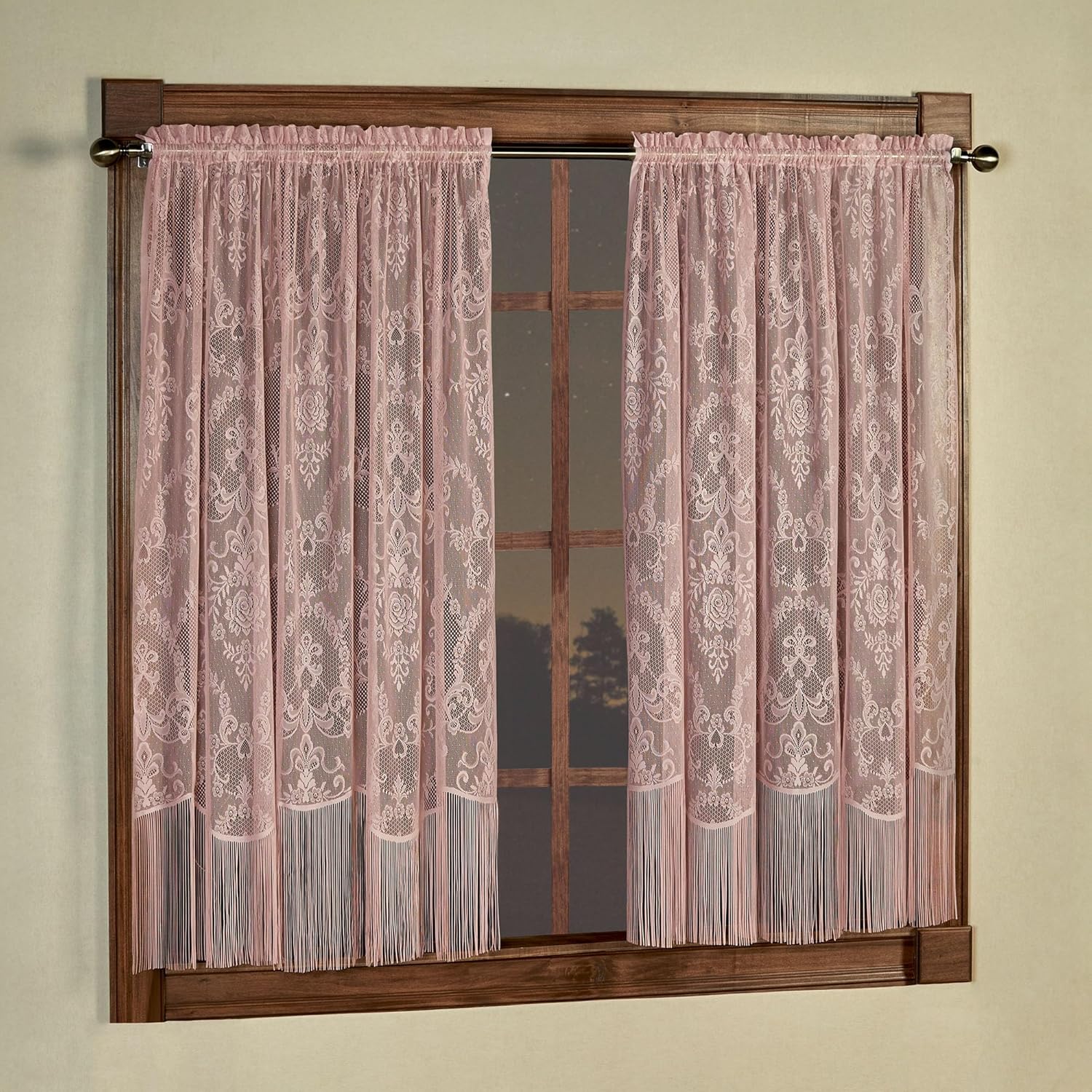 Queen's Lace Fringed Window Treatment | Victorian Rose | Solid Color Traditional Medallion Motif Polyester Lace with Long Self-Fringed Edges | Rod Pocket Drapery Set Includes Two 63L Curtain Panels
