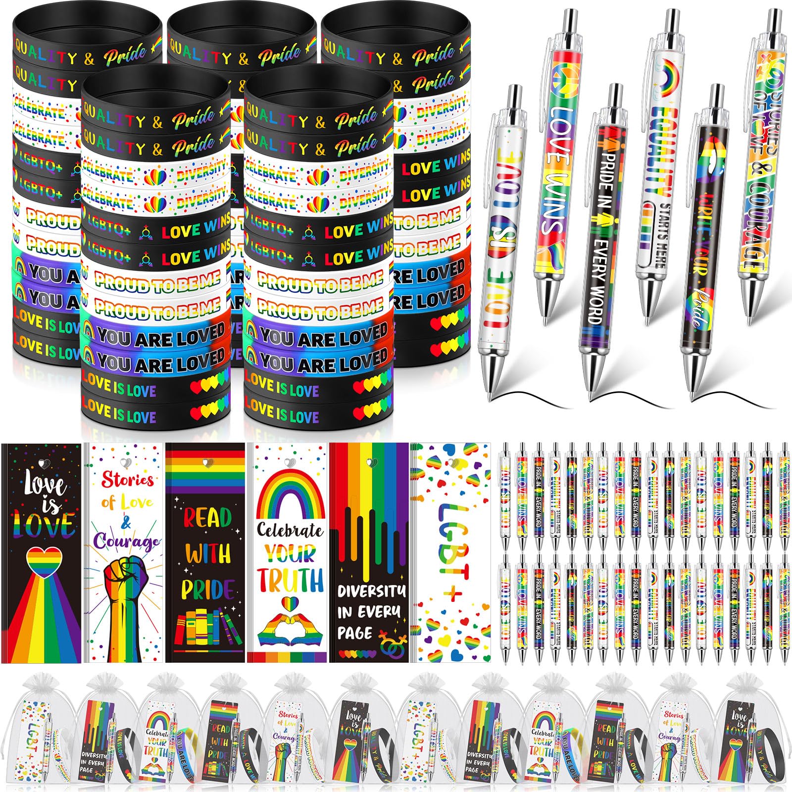 Sayglossy 60 Sets Gay Pride Gifts Bulk Rainbow Silicone Bracelets with Bookmarks and Love is Love Pens for LGBTQ Lesbian Support Party Favor Parade