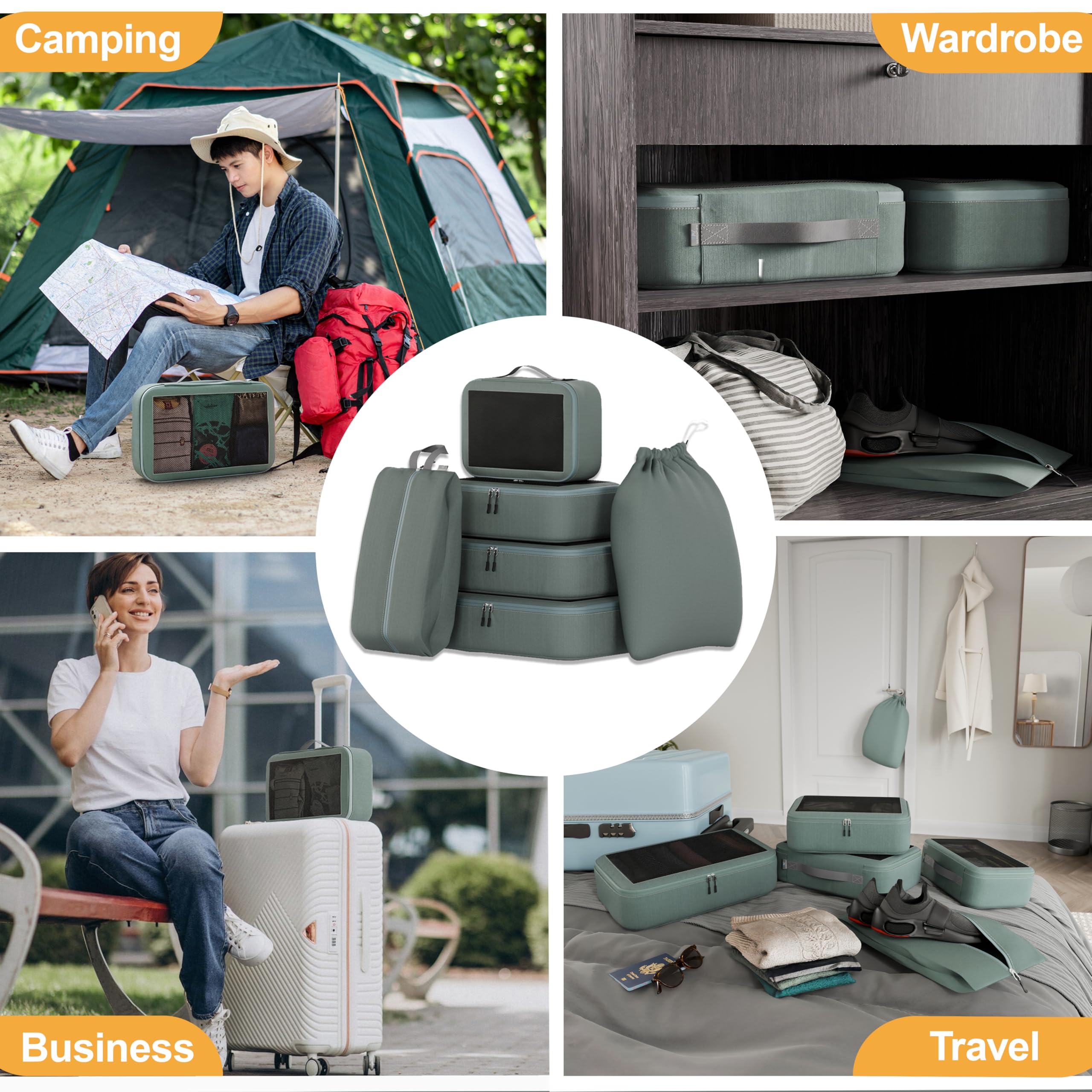 Packwürfel (grau, (XL, L, M, S, Wäschesack, Schuhbeutel) - 6 Stück)