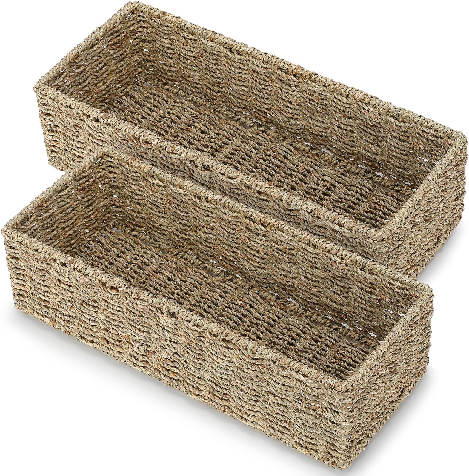 Toilet Paper Basket for Organizing Bathroom Toilet Tank Pantry Long Back of Toilet Basket Seagrass 16" x 6.5" x 4 Inch High Narrow Tank Topper Wicker Storage Basket, 2 Pack
