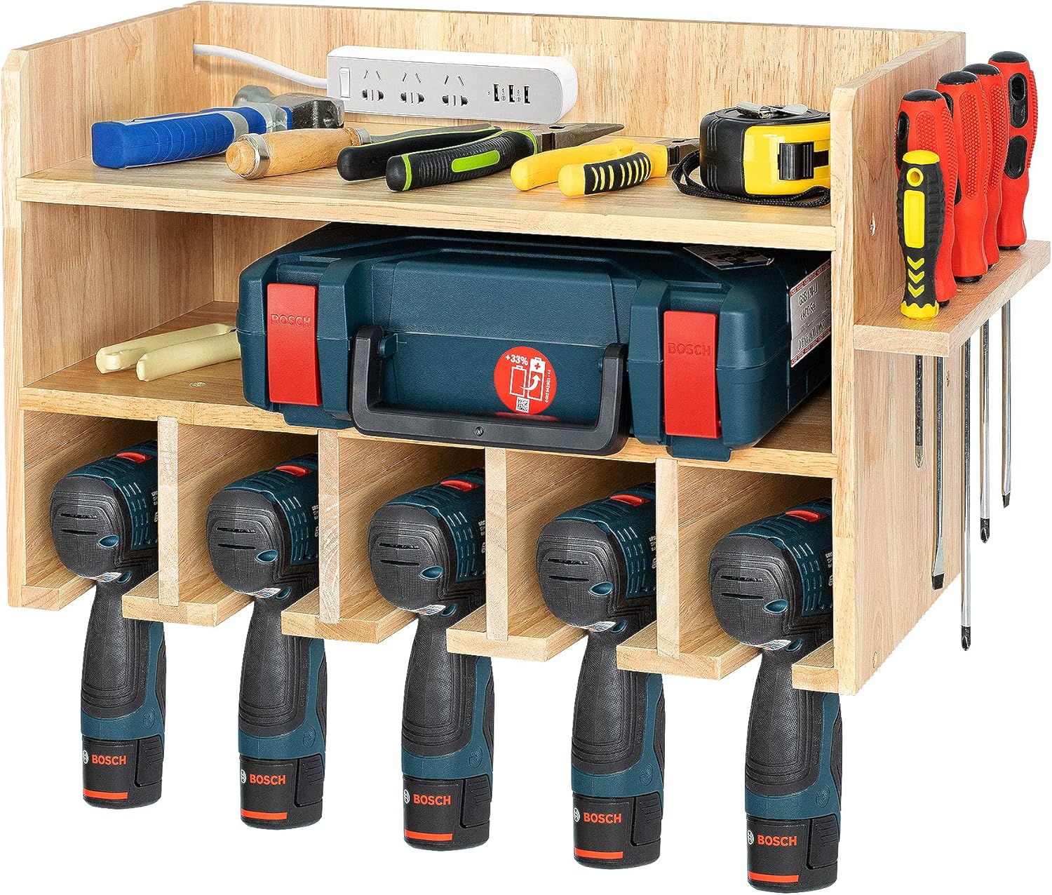 T-SIGN Power Tool Storage Organizer, Natural Drill Holder Wall Mount Drill Charging Station Garage Tool Cabinet, Hanging Screwdriver Rack Organization for Home, Workshop, Workbench, Easy to Install : Tools & Home Improvement