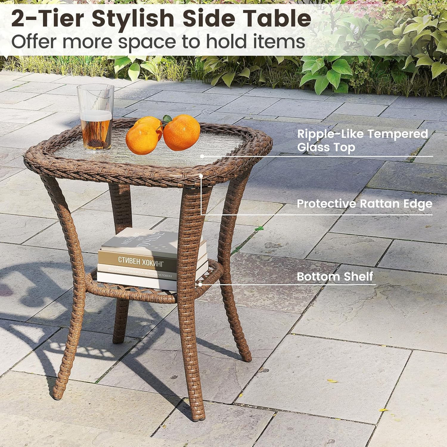KOTEK 3 Piece Patio Furniture Set, Outdoor 360 Degree Swivel Rocker Patio Chairs with Tempered Glass Side Table & Thickened Cushions, Wicker Glider Chairs for Patio Porch Poolside (Beige)