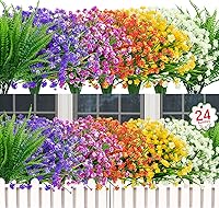 Ouddy Decor 24 Bundles UV Resistant Artificial Flowers & Faux Boston Ferns for Outdoor Patio Garden Home Decor - Mixed Colors