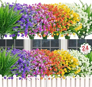 Ouddy Decor 24 Bundles UV Resistant Artificial Flowers & Faux Boston Ferns for Outdoor Patio Garden Home Decor - Mixed Colors