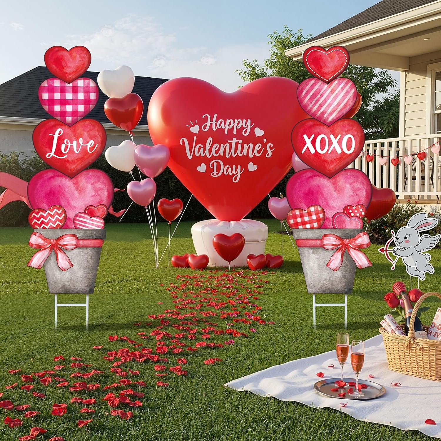 2 Pcs Valentines Decorations Outdoor Yard Signs Large Metal Valentine Flower Pot Decor Rustic Heart Lawn Garden Decor for Lawn Patio Anniversary Party Decorations