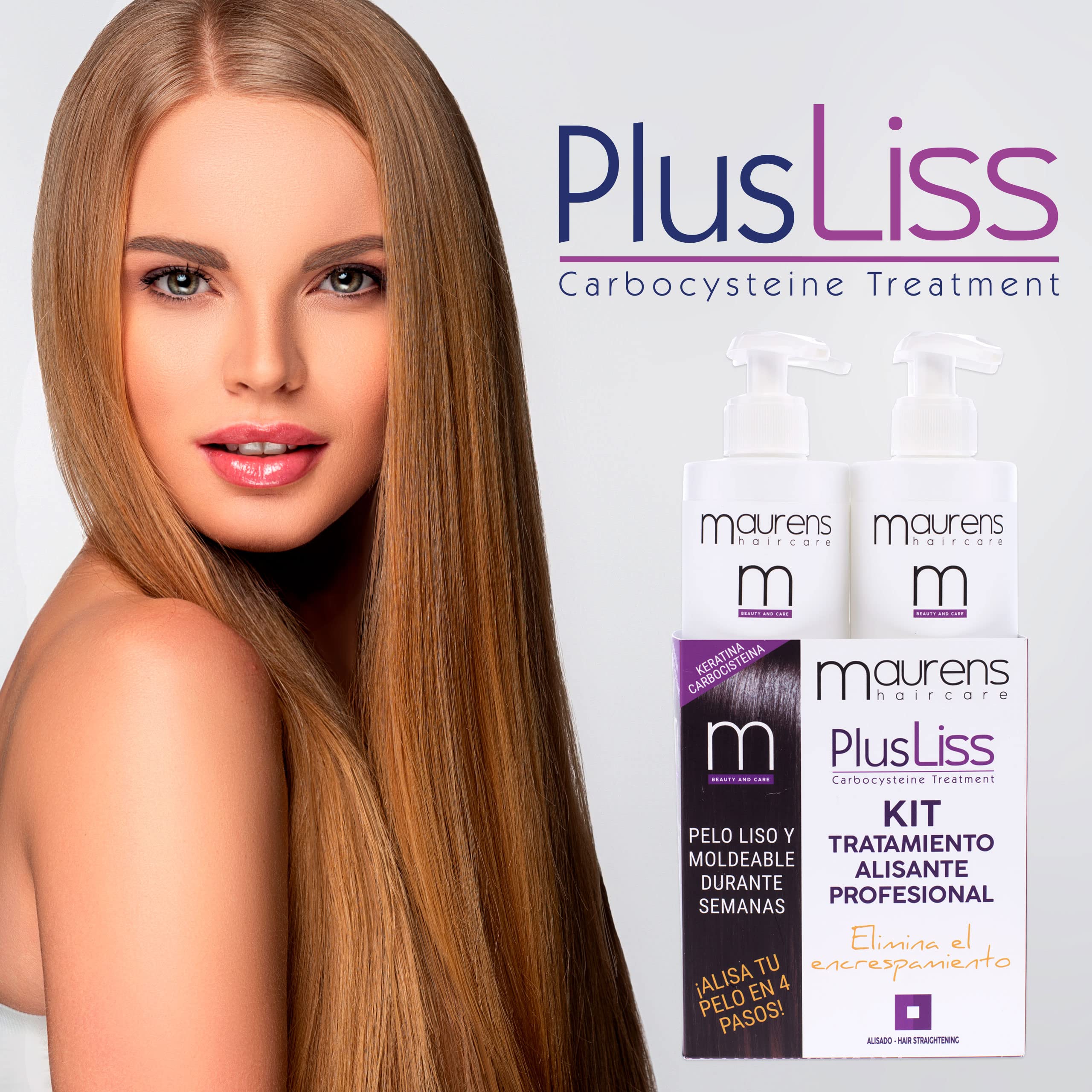 Maurens PlusLiss Alisado Brasileño del Cabello, Tratamiento Capilar a base de Keratina y Carbocysteina, alisado natural y duradero, controla el volumen, Kit Profesional, 4 x 500 ml