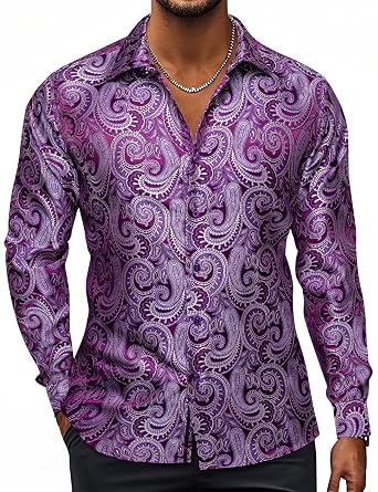 Hi-Tie Silk Mens Paisley Dress Shirts Casual Long Sleeve Button Down Regular Fit Shirts Formal Wedding Party Business