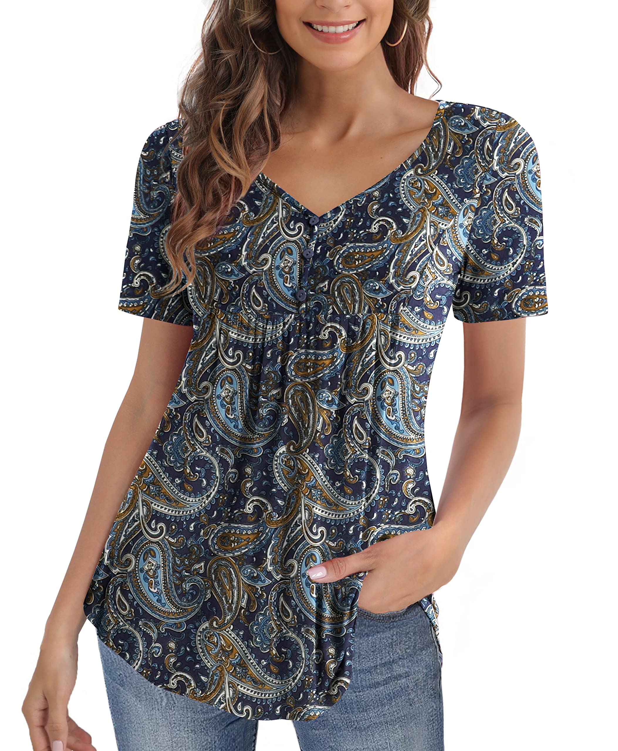 U.Vomade Womens Summer Tops V Neck Buttons Pleated Flared Plus Size Blouses M-4X