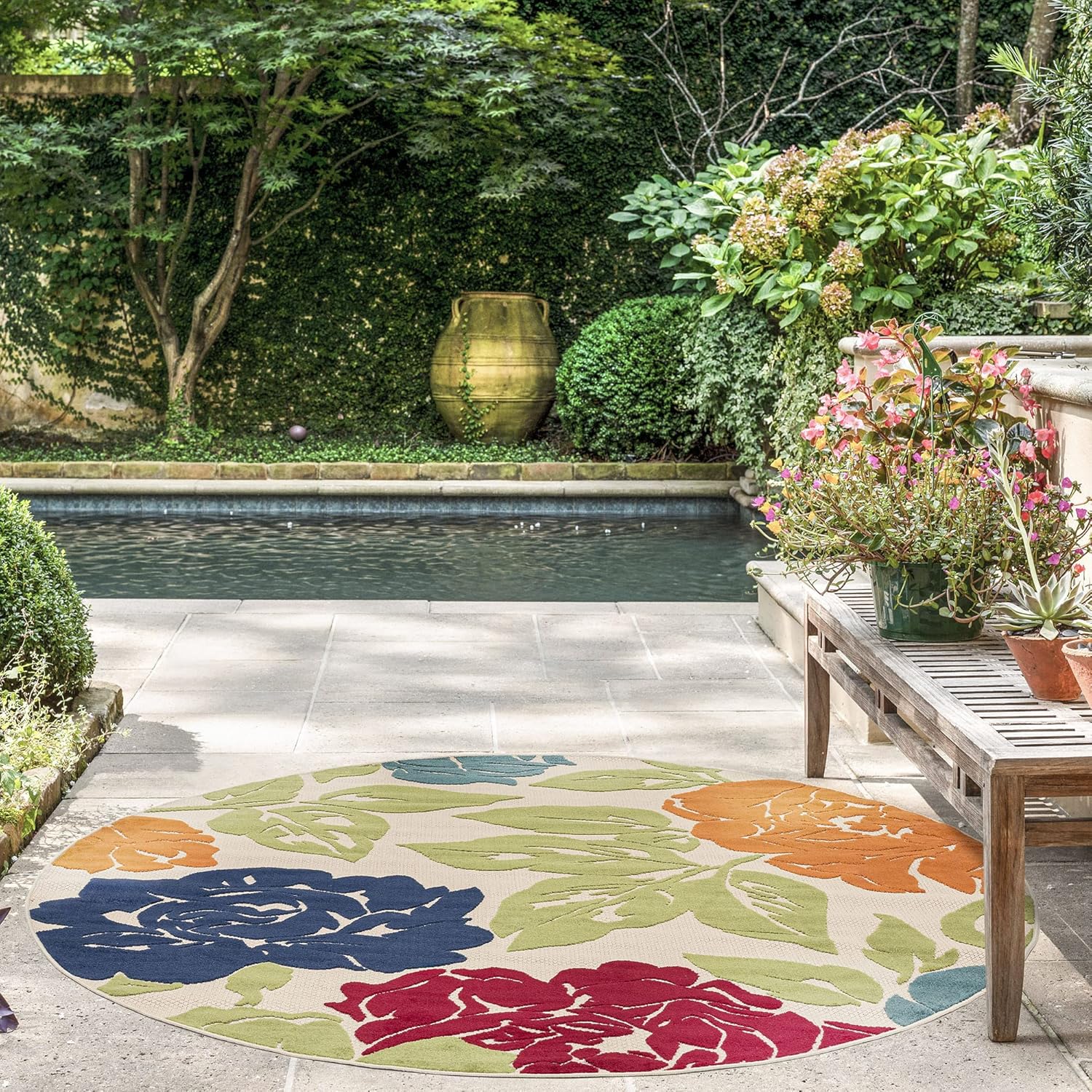 Tayse Owen Multi-Color Water Resistant & Fade 5ft Round Outdoor Rug - Indoor Rugs for Patios, Deck, Porch, Entryway 5 Foot Outside Area Modern, Floral, Multicolor, OAS1601 5RND