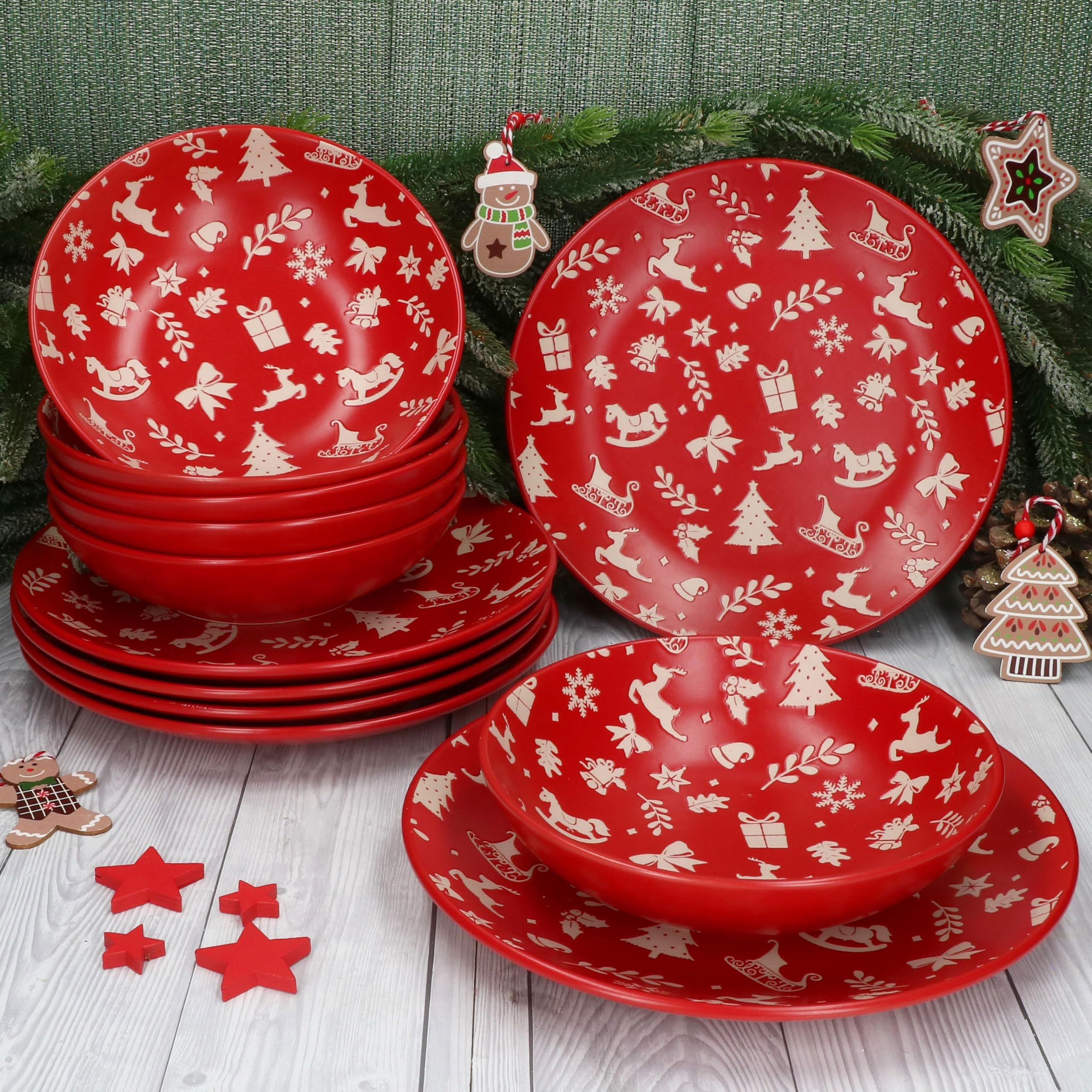 MamboCat Advent 12tlg Tafelservice I Steingut-Geschirr für 6 Personen in Rot mit Weihnachtsmotiven in Creme I winterliche 6X Speiseteller & 6X Suppenteller 480ml I Weihnachten