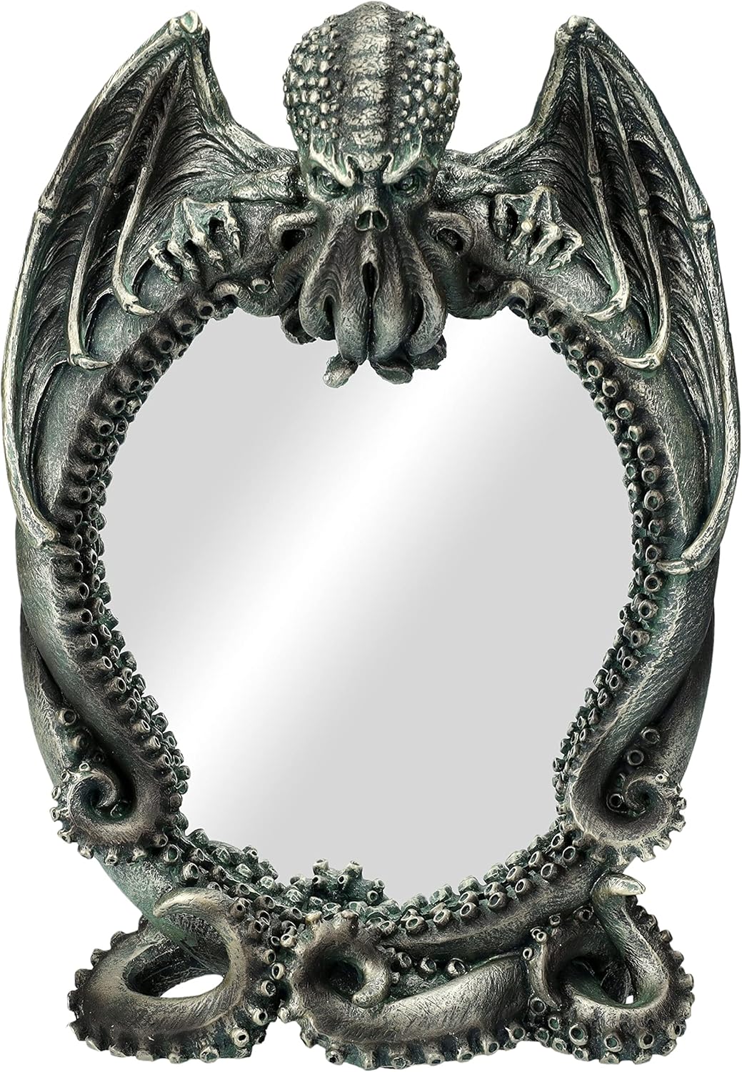 Pacific Giftware Gothic Cthulhu with Dragon Wings Desktop Table Vanity Decorative Mirror 9.5" H Octopus Tentacle Frame Antique Silver Finish Polyresin