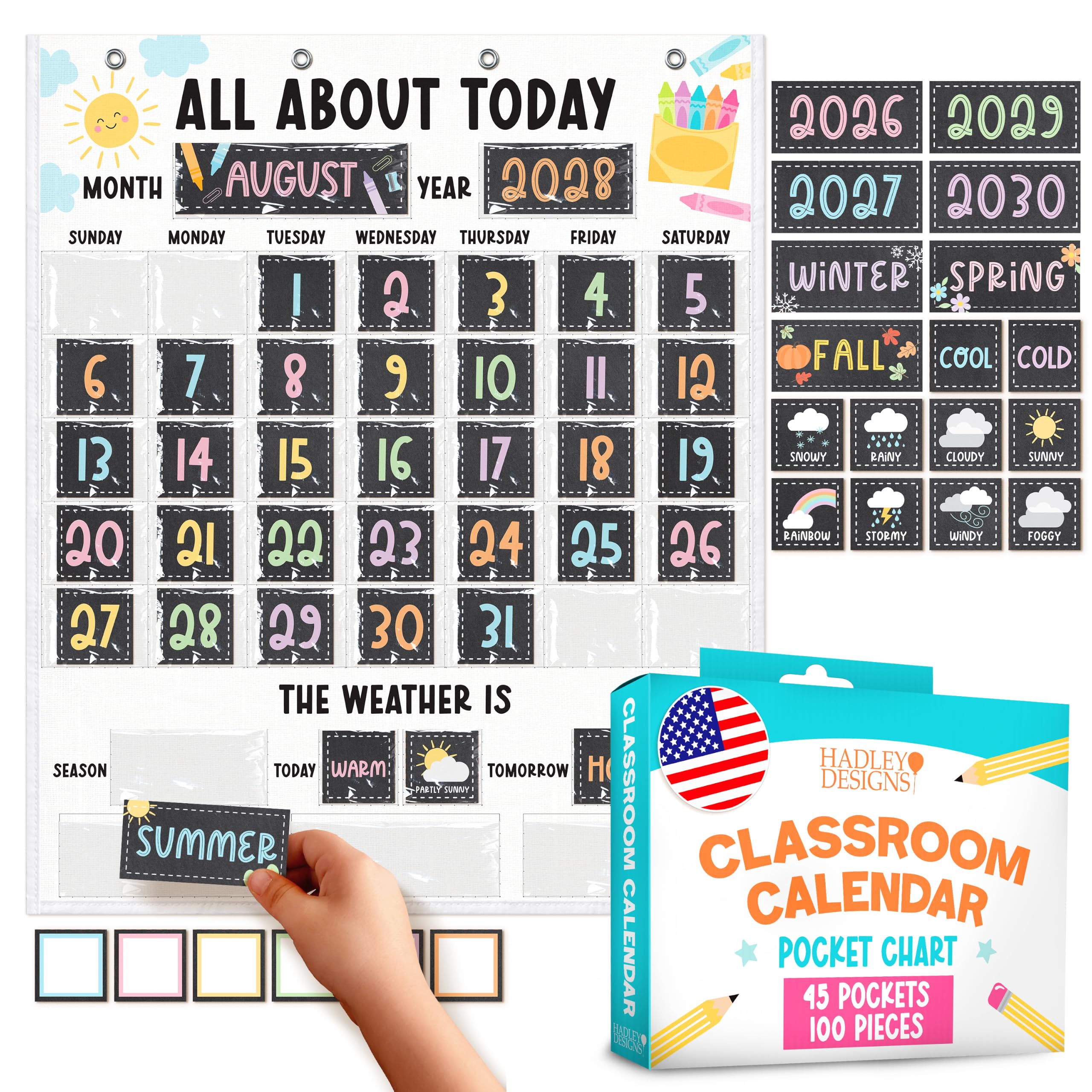 Large 45 Pockets Classroom Calendar Pocket Chart - 24x29" Pocket Calendar