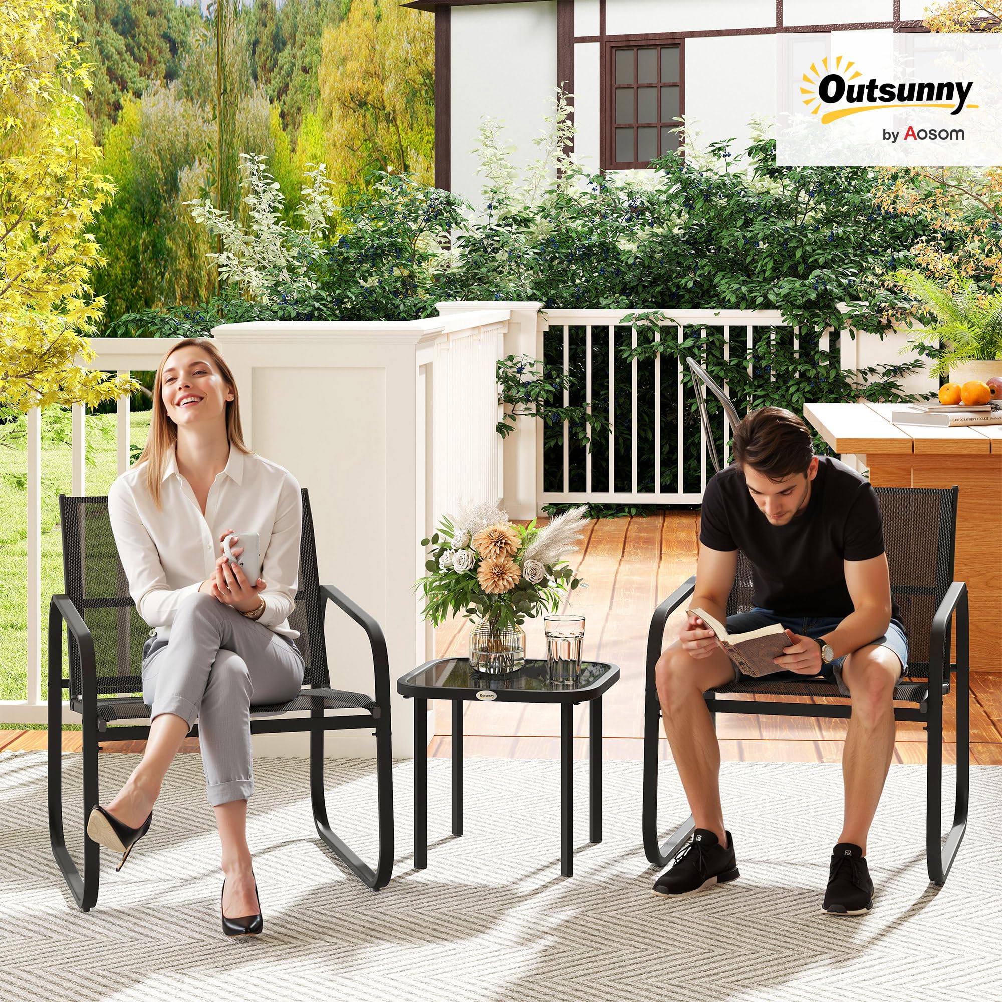 Outsunny Set bistrot da giardino 3 pezzi, set di mobili da giardino per 2 persone con 2 sedie in rete e tavolino in vetro temperato, mobili da giardino, terrazza, balcone, veranda, nero
