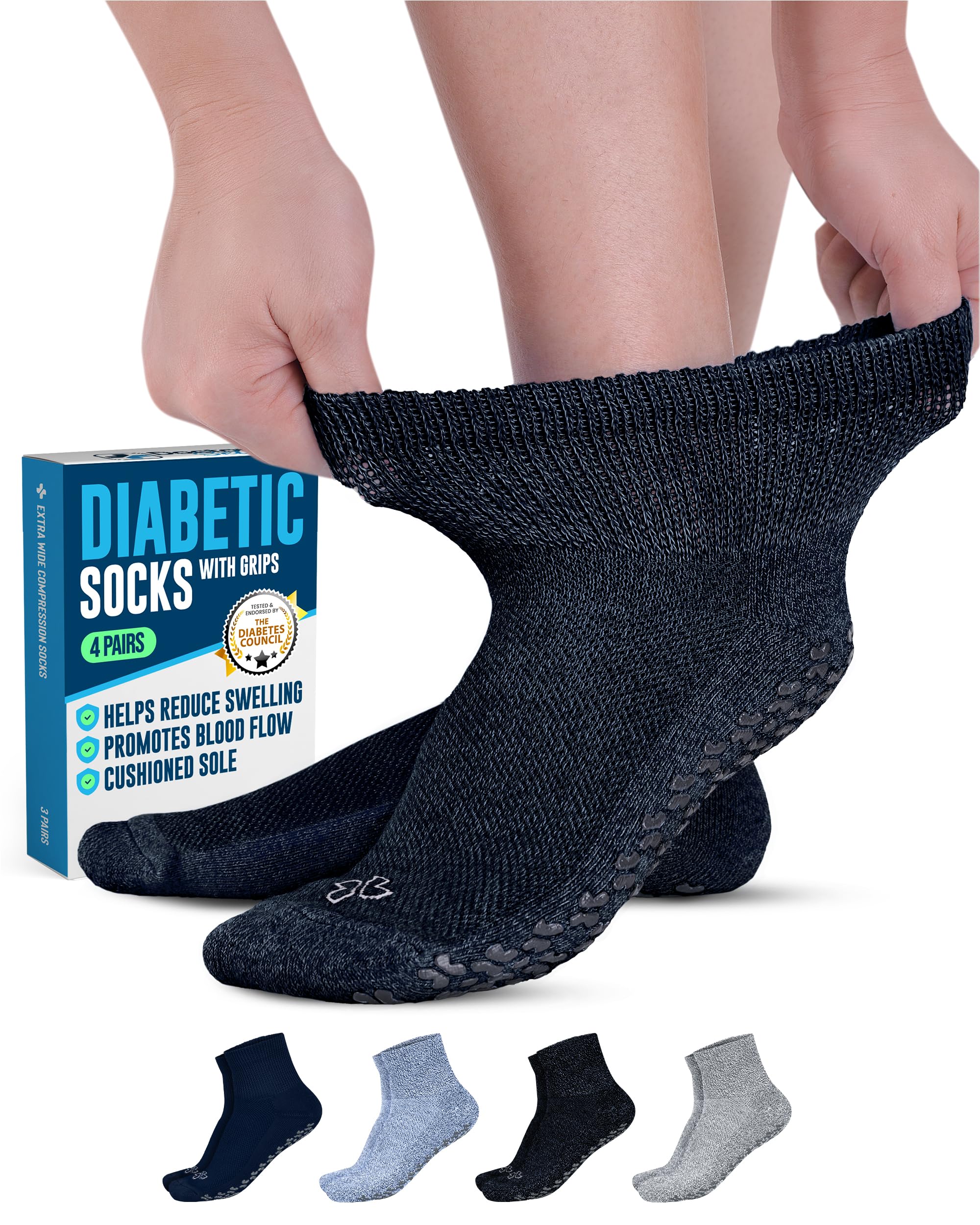 Doctor's Select® Ankle Grip Diabetic Socks for Women & Men - 4 Pairs Large Blue/Gray Pack - 4 Pairs