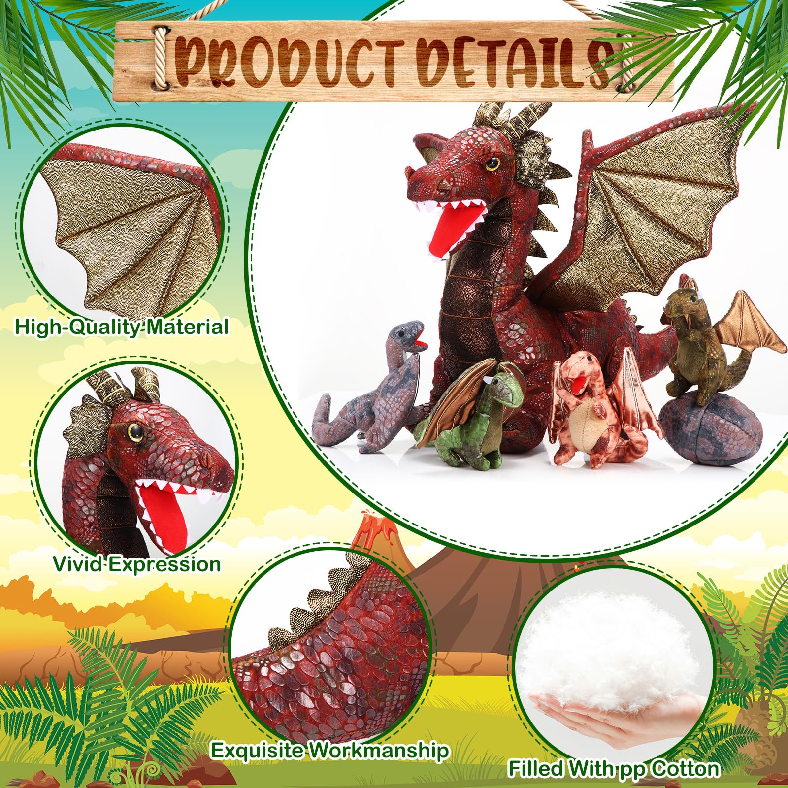 Set de 7 Juguetes de Dragón, Dragón de Peluche Grande de 40 cm con 4 Simpáticos Bebés de Peluche y 2 Huevos para Regalos de Cumpleaños de Adolescentes (Estilo Retro)