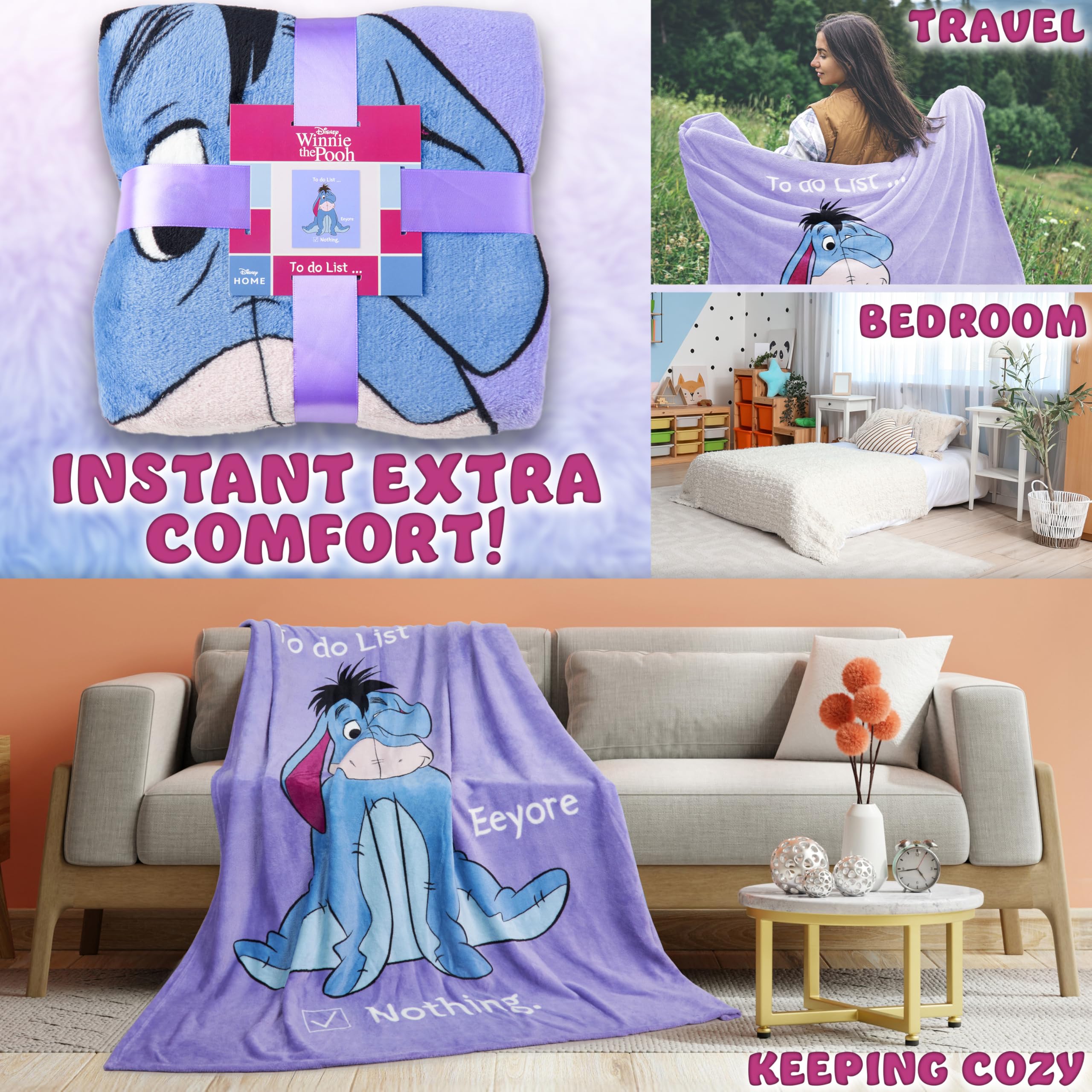 Disney Eeyore Fleece Bed Blanket Soft Cosy Bed Throw Bedroom Decor Plush Throw Comforter 150x130cm for Bedroom Travel Sleepovers Winnie the Pooh Gifts (Purple Eeyore) - Image 3