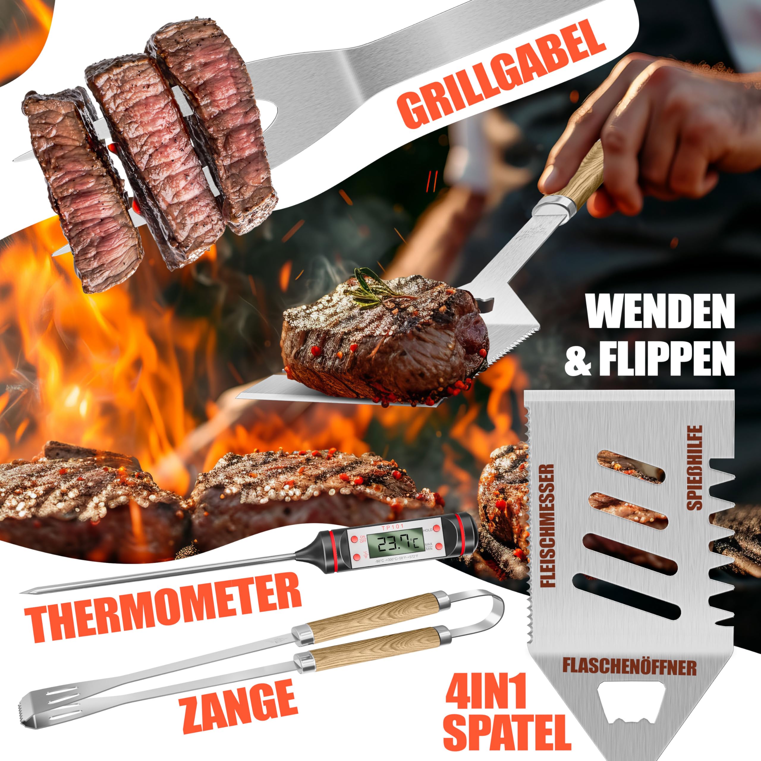 KESSER® Grillbesteck Set 37-teilig Grillzubehör aus rostfreiem Edelstahl Grillset mit Grillzange, Grillwender, 4in1 Grillspatel, Grillgabel, Grill-Spieß, Thermometer, Korkenzieher, Grillmatte & Tasche