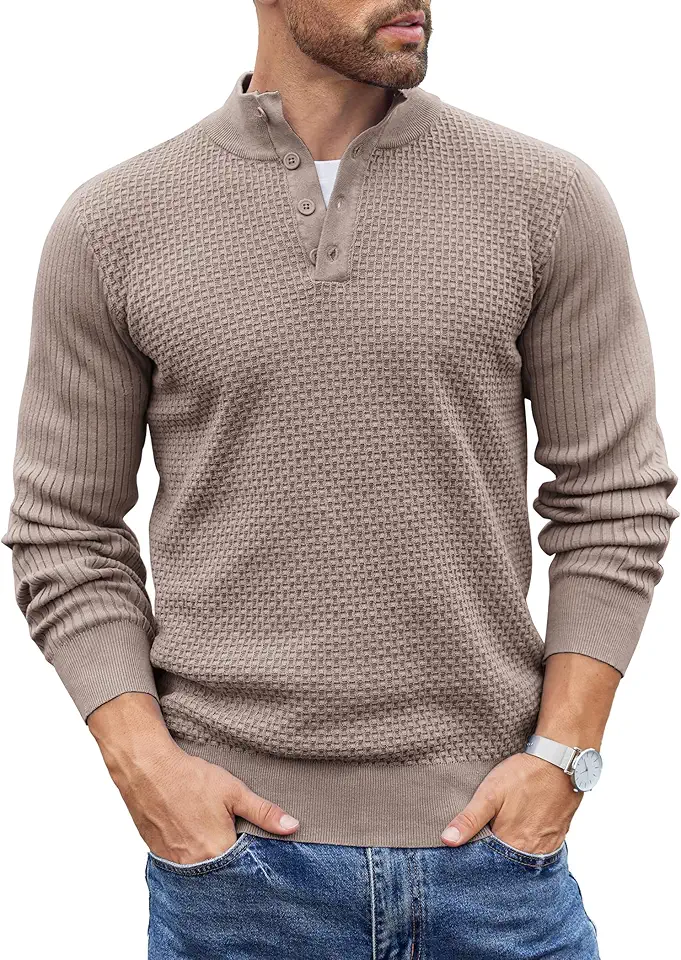 COOFANDY Men's Quarter Button Sweater Lightweight Mock Neck Pullover Sweater Fashion Casual Knitted Waffle Henley Sweater